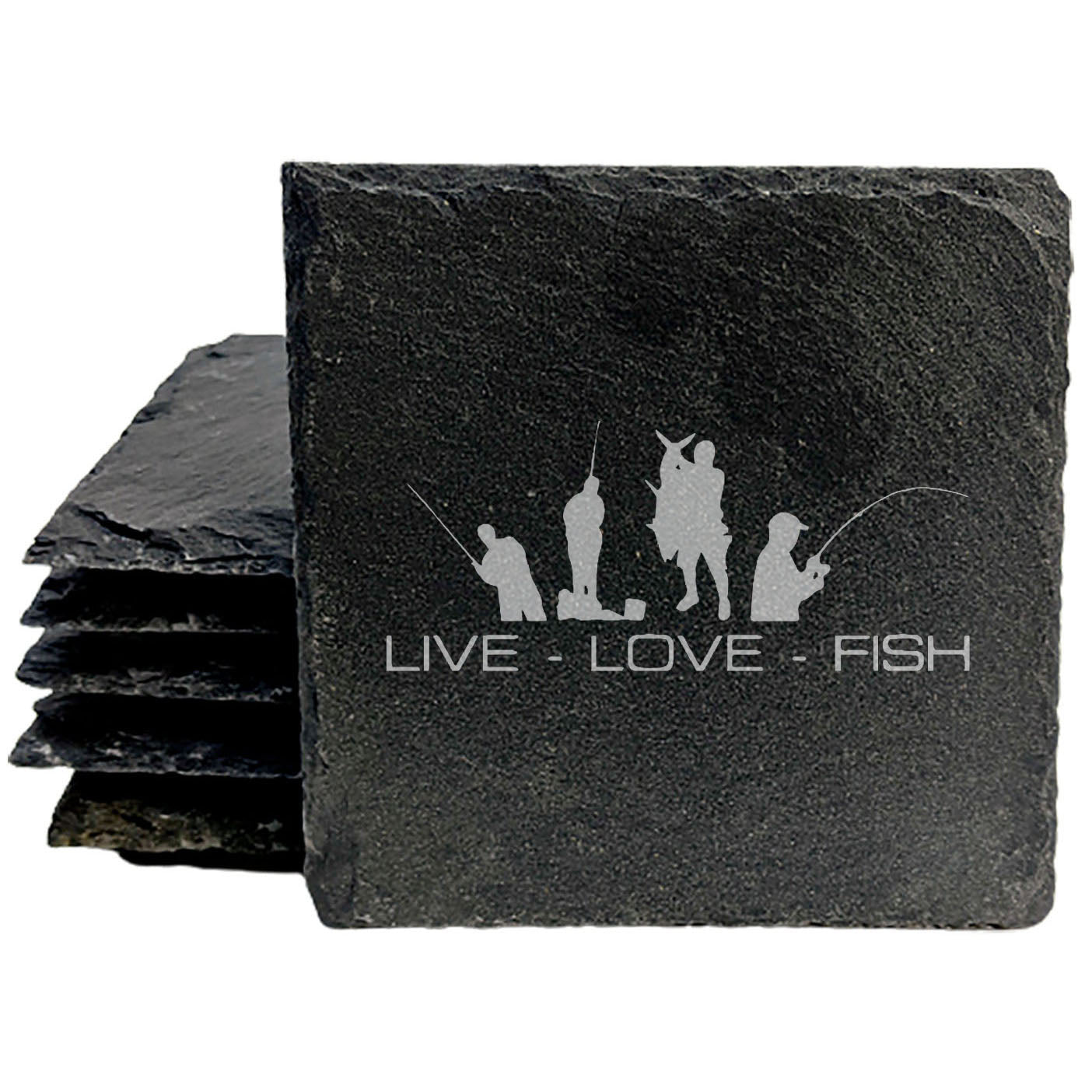 Live Love Fish Slate Coasters, Laser-Etched Design - Protect Your Surfaces in Style! Coasters