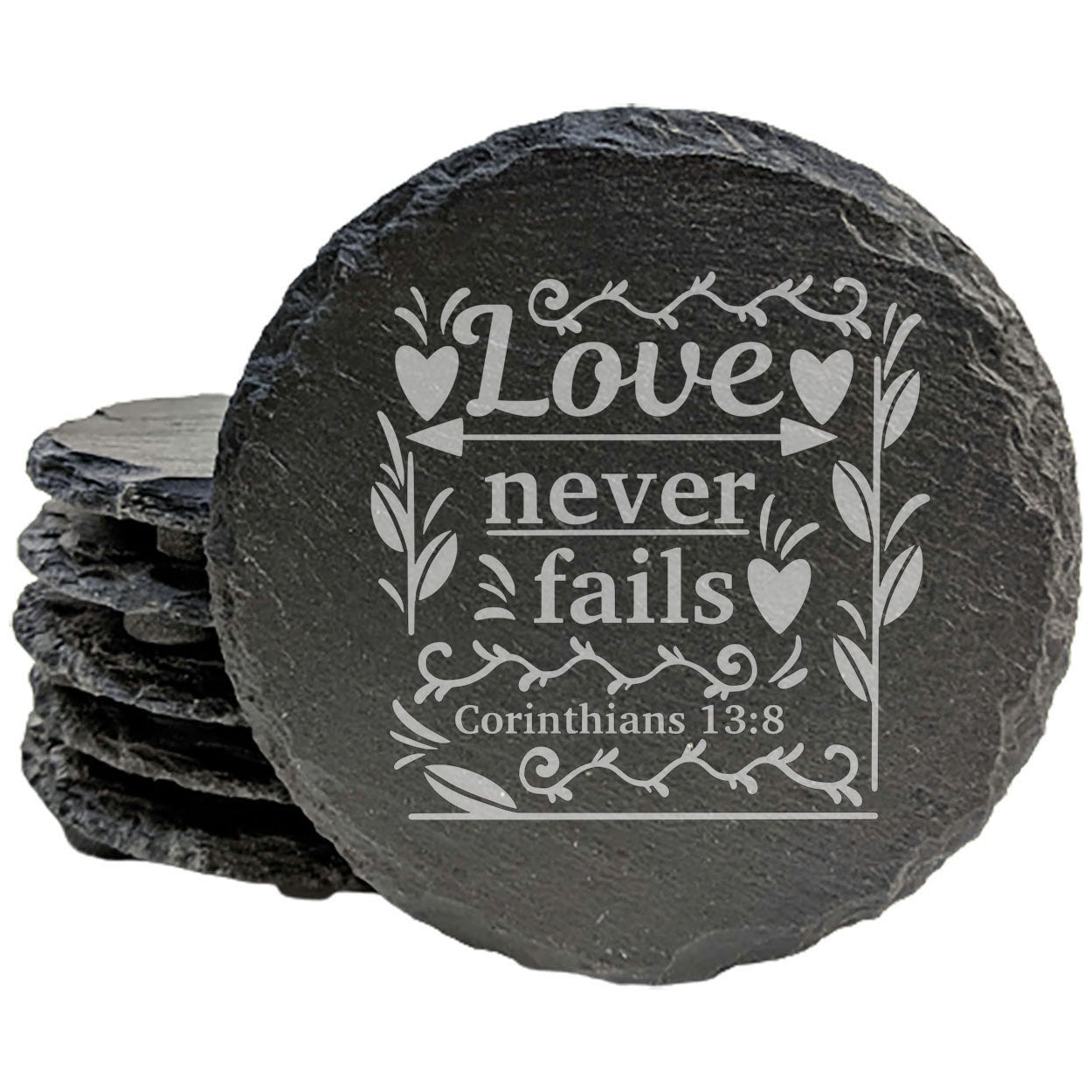 Faith and Hope: Laser Etched Enduring Love: Corinthians 13:8 Coasters with Flowers