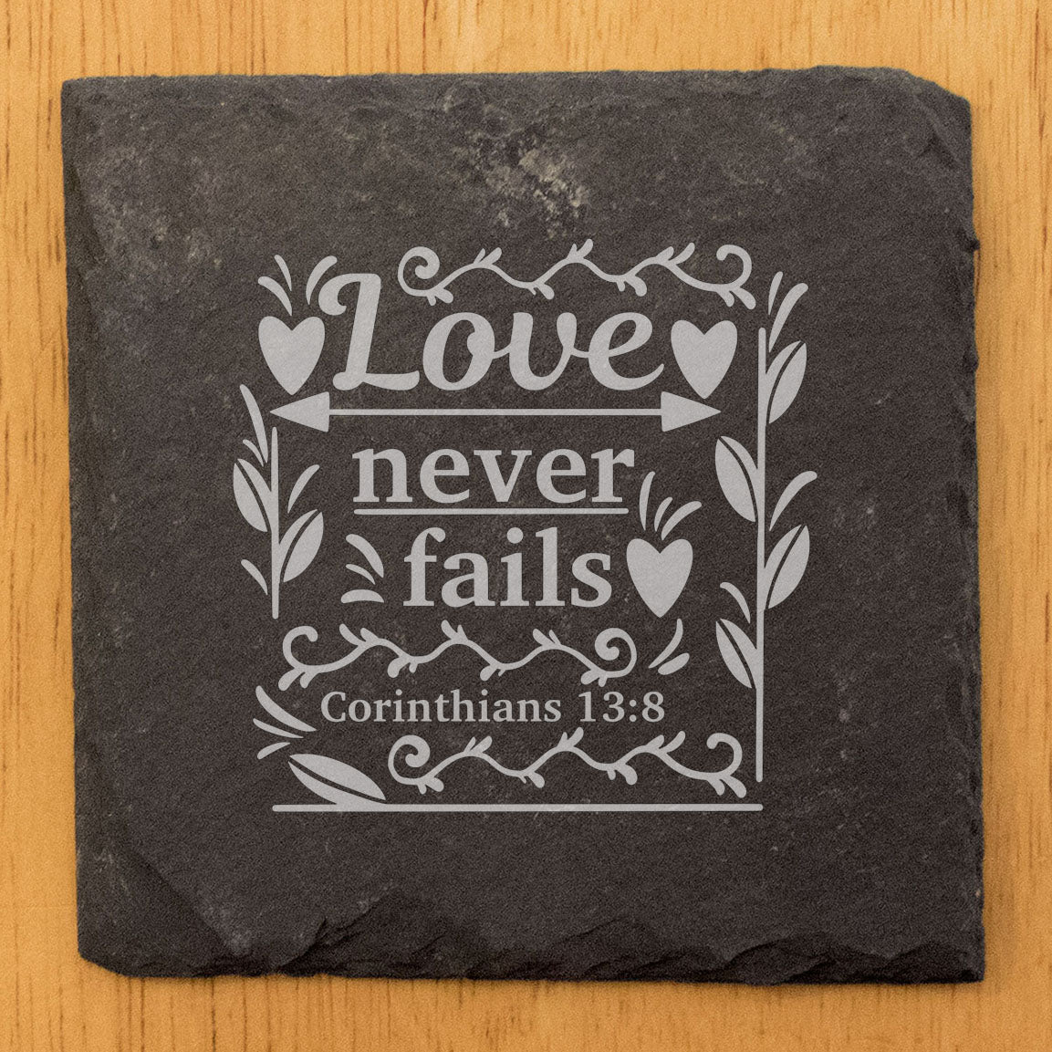 Faith and Hope: Laser Etched Enduring Love: Corinthians 13:8 Coasters with Flowers