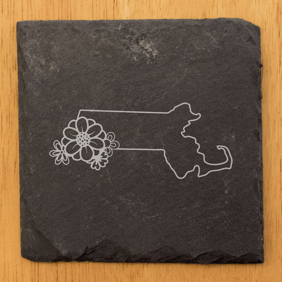 Rustic Slate Coasters Set of 4 - Massachusetts Design with Flower, 4" Round/Square, Chipped Edge, Rubber Feet, - Perfect for Holidays, Birthdays, Housewarming, Made in Oregon, USA