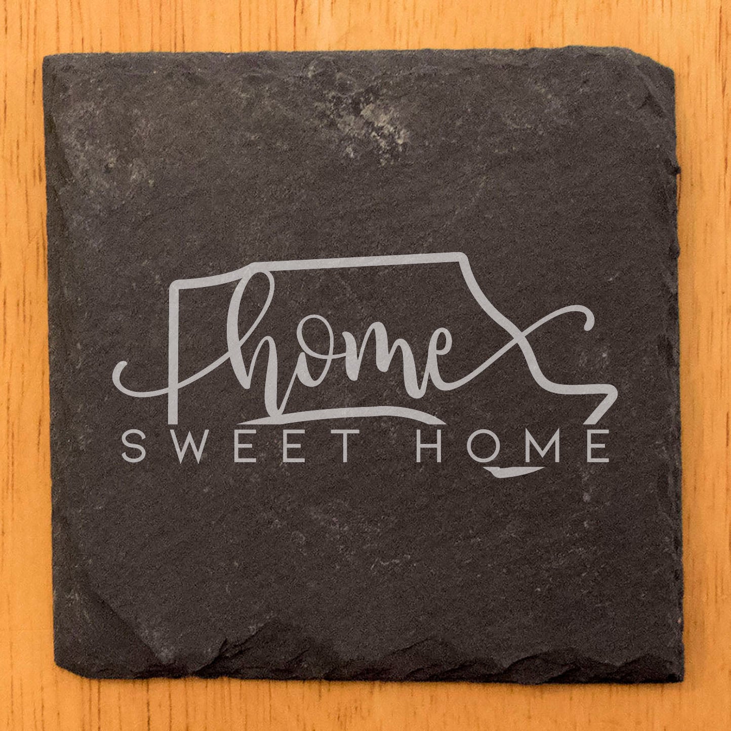 Rustic Slate Coasters Set of 4, Round 4" with 'Home Sweet Home' Massachusetts Design, Perfect Gift for Holidays, Birthdays, Housewarming, She-Shed, Man Cave, Made in Oregon, USA, Natural Edge