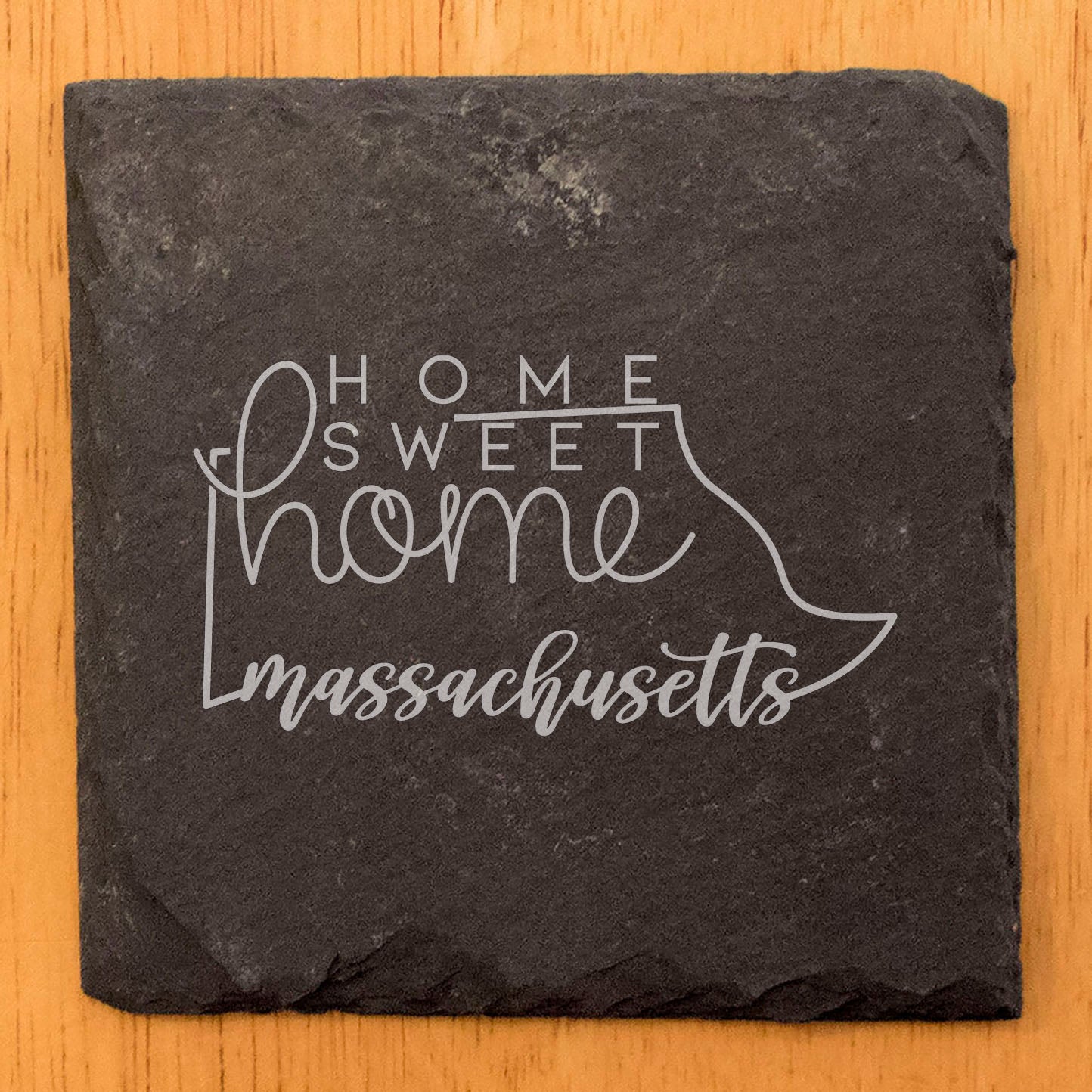 Rustic Slate Coasters Set of 4, Round 4" with Massachusetts 'Home Sweet Home' Design, Perfect Gift for Holidays, Birthdays, Housewarming, She-Shed, Man Cave, Made in Oregon, USA, Natural Edge