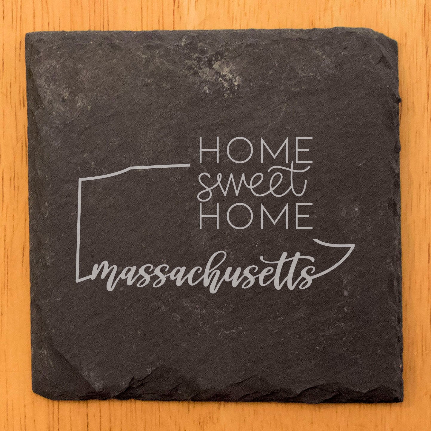 Rustic Slate Coasters Set of 4, Round 4" with Massachusetts 'Home Sweet Home' Design, Perfect for Holidays, Birthdays, Housewarming Gifts, Made in Oregon, USA, Natural Chipped Edge, Rubber Feet