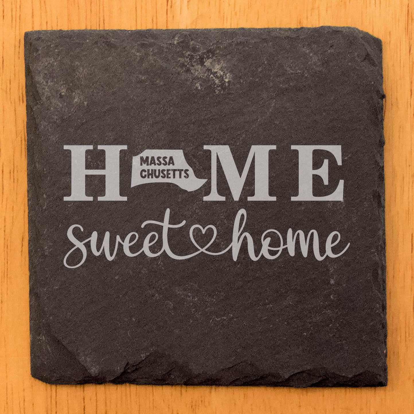Rustic Slate Coasters Set of 4, Round 4" with 'HOME SWEET HOME' Massachusetts Design, Perfect Gift for Holidays, Birthdays, Housewarming, She-Shed, Man Cave, Made in Oregon, USA, Natural Edge