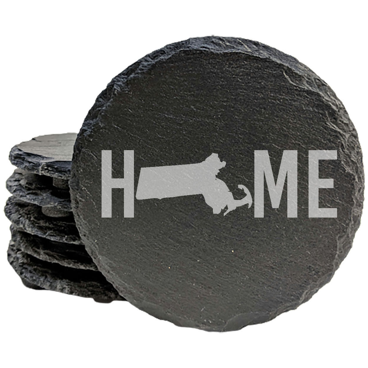 Rustic Slate Coasters Set of 4 - Laser Etched 'HOME' Design with Massachusetts State - Perfect Gift for Holidays, Birthdays, Housewarming - 4" Round, Natural Chipped Edge, Made in Oregon, USA