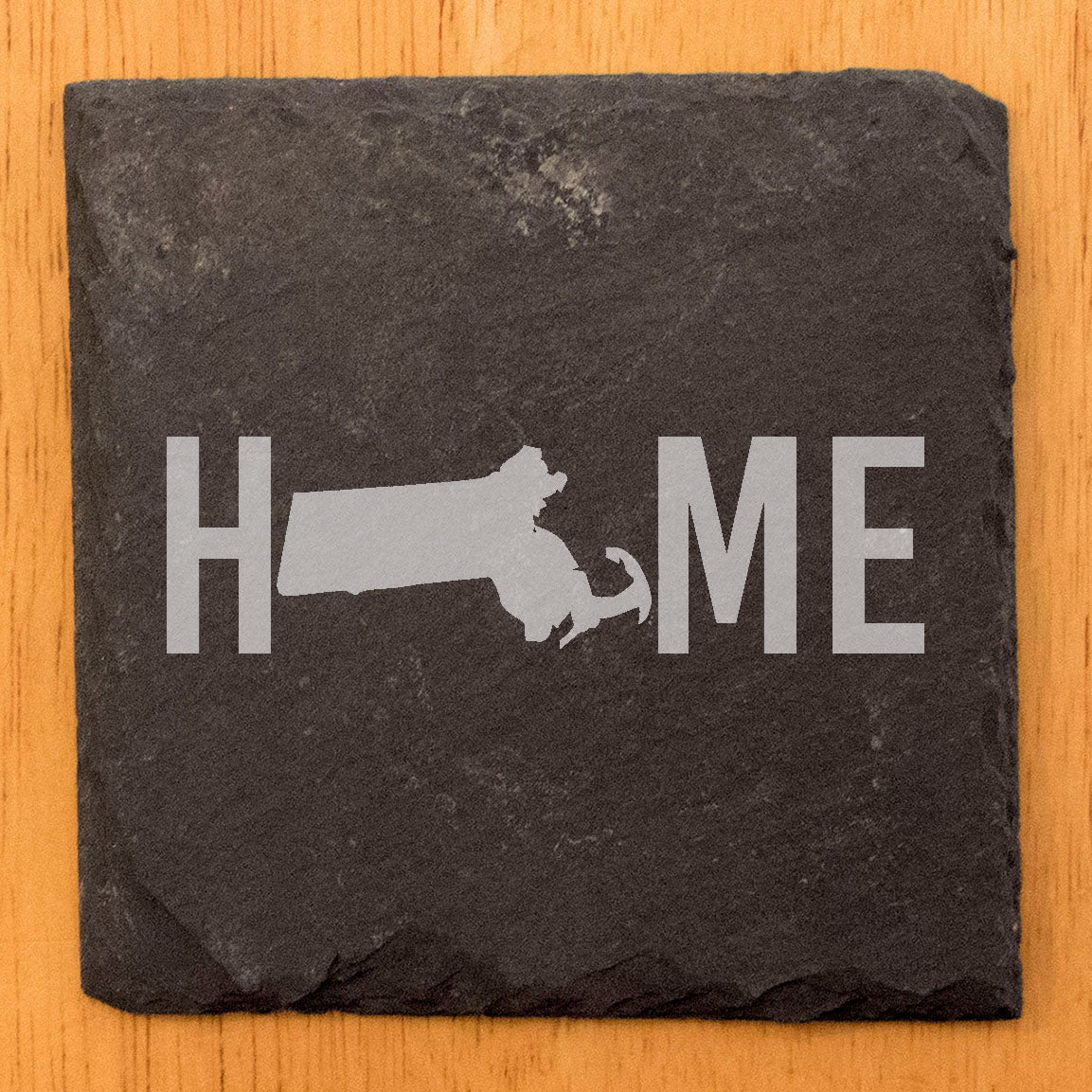 Rustic Slate Coasters Set of 4 - Laser Etched 'HOME' Design with Massachusetts State - Perfect Gift for Holidays, Birthdays, Housewarming - 4" Round, Natural Chipped Edge, Made in Oregon, USA