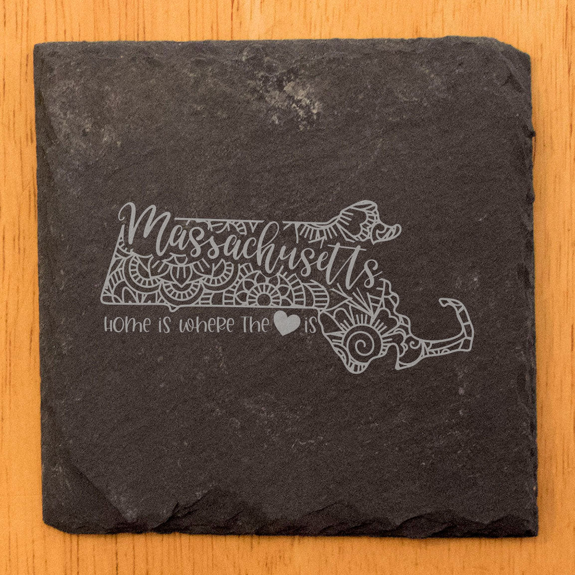 Rustic Slate Coasters Set of 4, Round 4" with Massachusetts Mandala Design, 'Home is Where the Heart Is' Quote, Perfect Gift for Holidays, Birthdays, Housewarming, Made in Oregon, USA