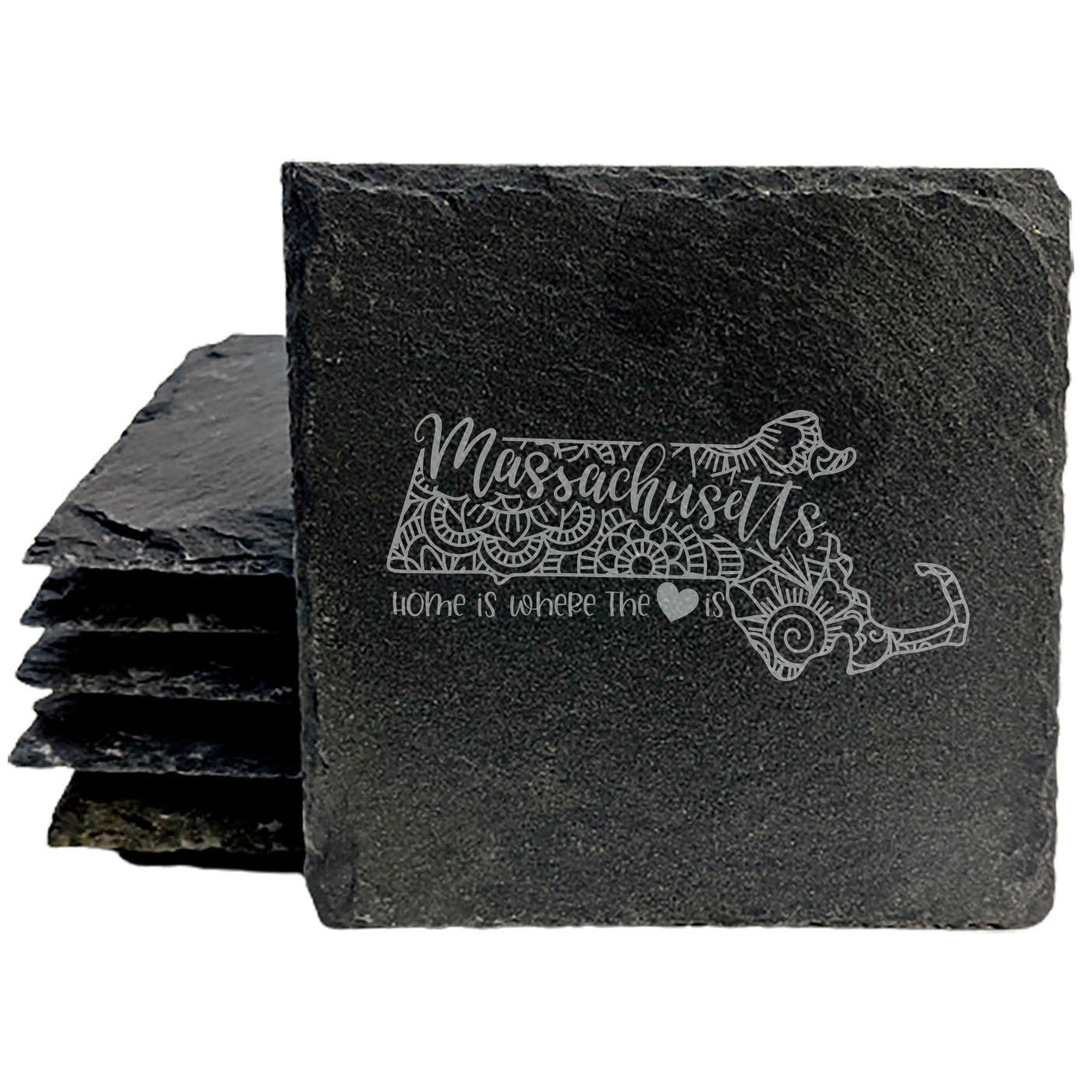 Rustic Slate Coasters Set of 4, Round 4" with Massachusetts Mandala Design, 'Home is Where the Heart Is' Quote, Perfect Gift for Holidays, Birthdays, Housewarming, Made in Oregon, USA