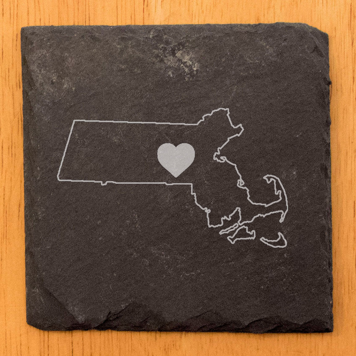 Rustic Slate Coasters Set of 4, Round 4" with Massachusetts Heart Design, Perfect for Holidays, Birthdays, Housewarming Gifts, She-Shed or Man Cave, Made in Oregon, USA, Natural Chipped Edge