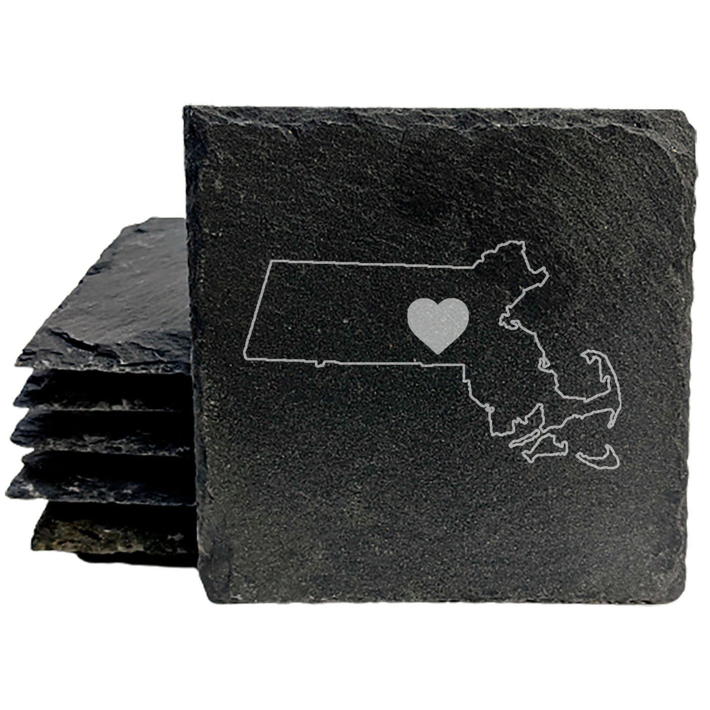 Rustic Slate Coasters Set of 4, Round 4" with Massachusetts Heart Design, Perfect for Holidays, Birthdays, Housewarming Gifts, She-Shed or Man Cave, Made in Oregon, USA, Natural Chipped Edge