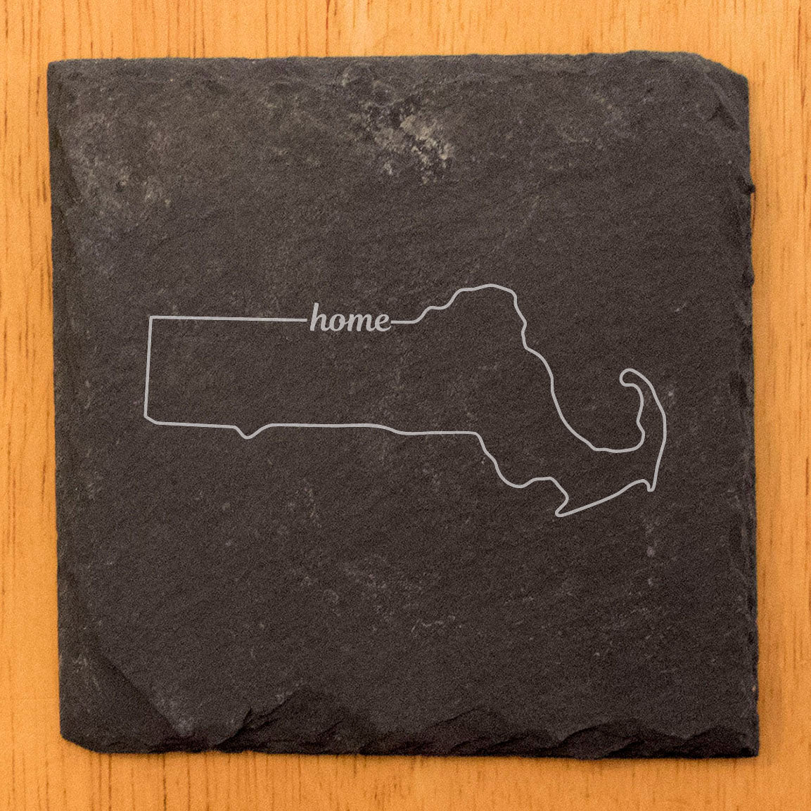 Rustic Slate Coasters Set of 4, Round 4" with Massachusetts 'Home' Design, Perfect for Holidays, Birthdays, Housewarming, She-Shed, Man Cave, Made in Oregon, USA, , Natural Edge