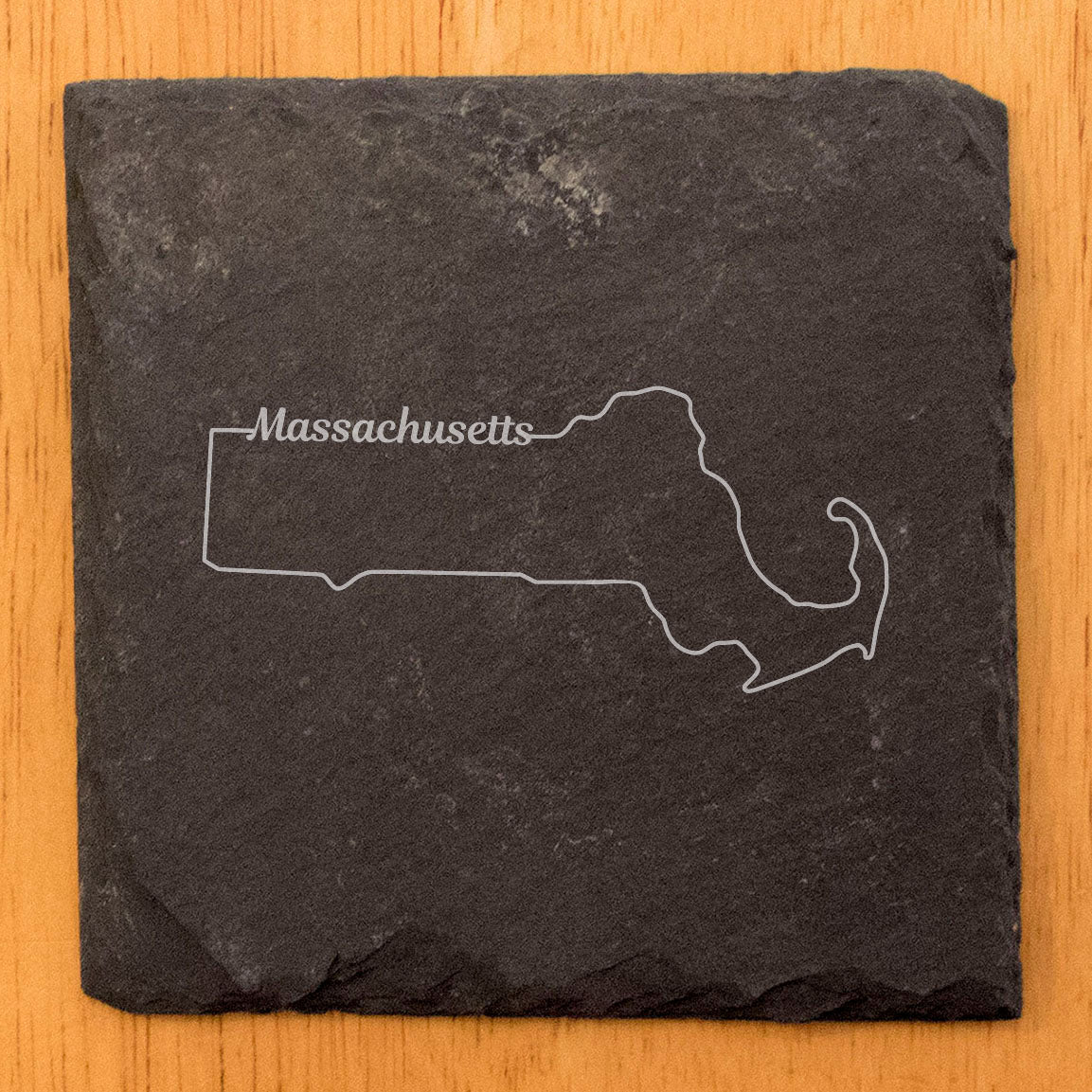 Rustic Slate Coasters Set of 4, Round 4" with Massachusetts Outline Design, Laser Etched, Perfect for Holidays, Birthdays, Housewarming, She-Shed, Man Cave, Made in Oregon, USA,