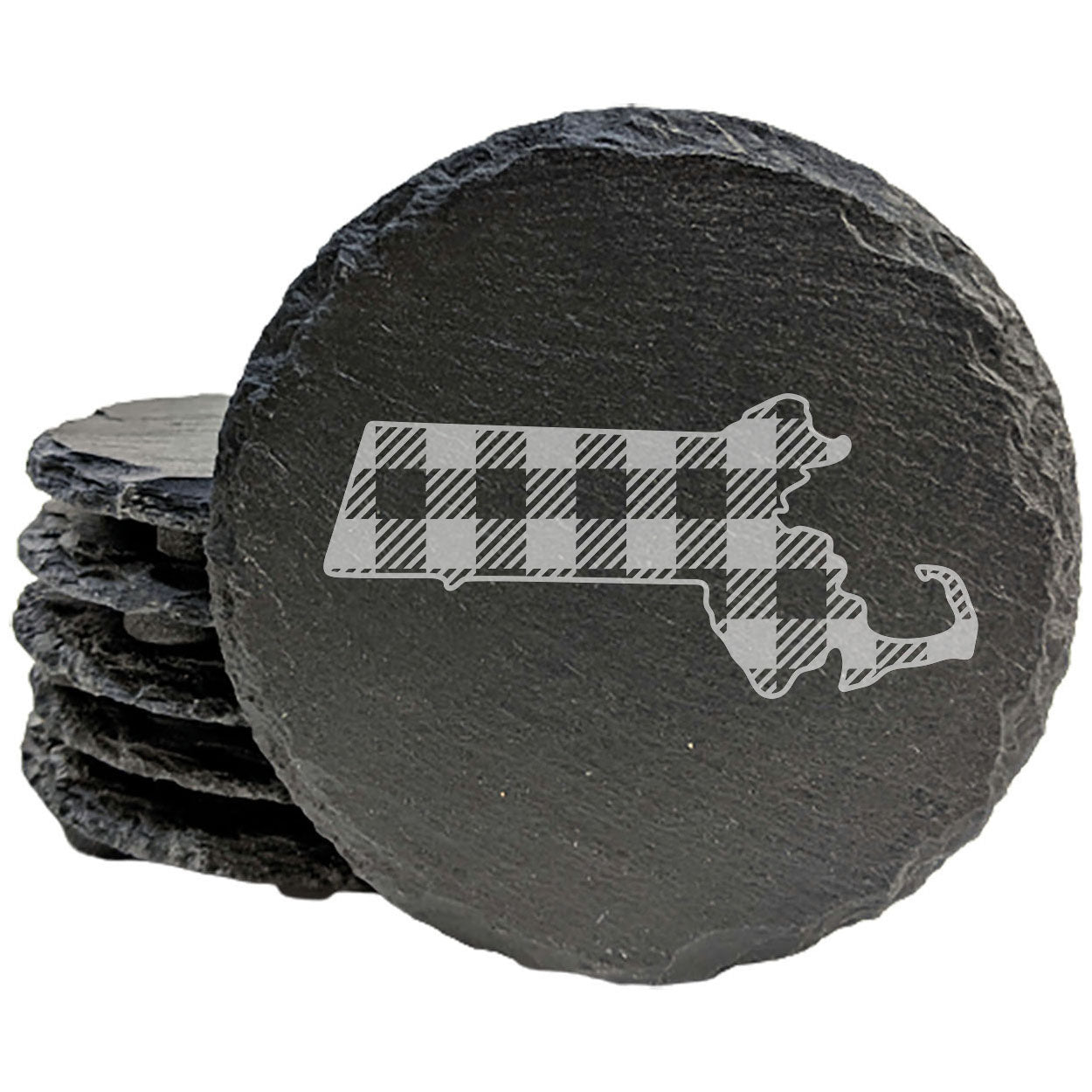 Rustic Slate Coasters Set of 4, Round 4" with Massachusetts Plaid Design, Perfect for She-Shed or Man Cave, All-Occasion Gifts, Natural Chipped Edge, Made in Oregon, USA, Gift Box Included