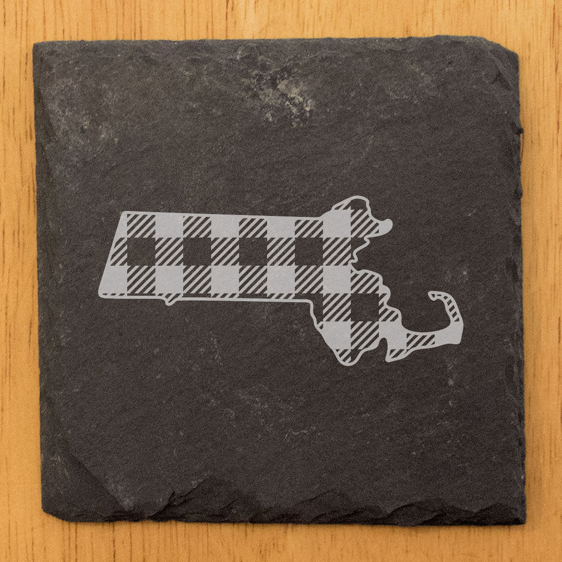 Rustic Slate Coasters Set of 4, Round 4" with Massachusetts Plaid Design, Perfect for She-Shed or Man Cave, All-Occasion Gifts, Natural Chipped Edge, Made in Oregon, USA, Gift Box Included