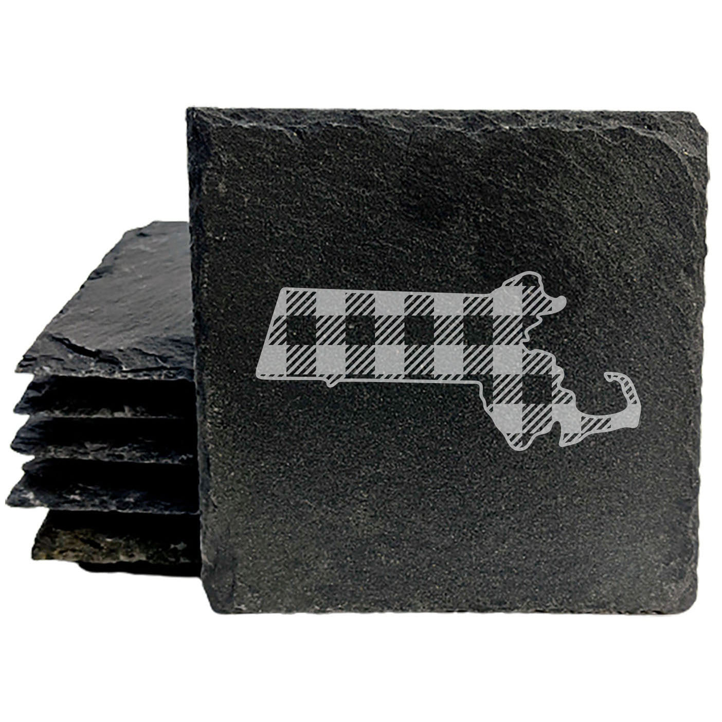Rustic Slate Coasters Set of 4, Round 4" with Massachusetts Plaid Design, Perfect for She-Shed or Man Cave, All-Occasion Gifts, Natural Chipped Edge, Made in Oregon, USA, Gift Box Included