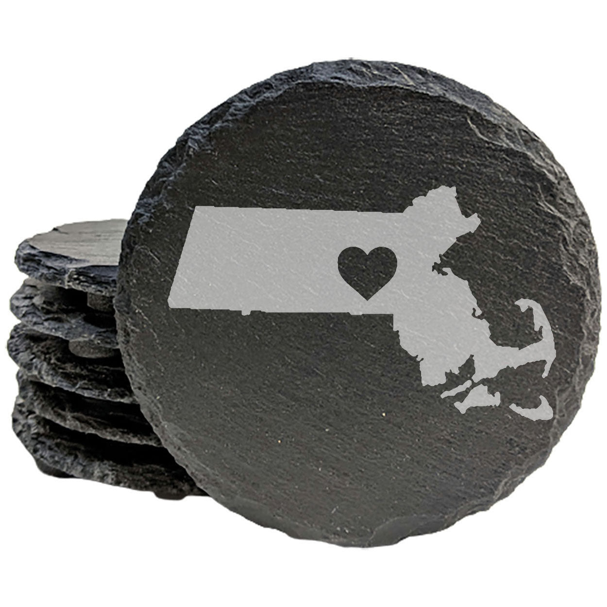 Rustic Slate Coasters Set of 4, Laser Etched Massachusetts Design, 4" Round, Natural Chipped Edge, Rubber Feet, Perfect Gift for Holidays, Birthdays, Housewarming, Made in Oregon, USA