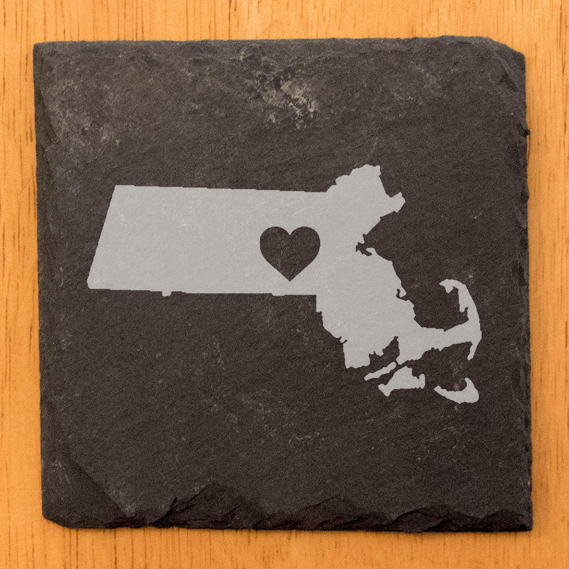 Rustic Slate Coasters Set of 4, Laser Etched Massachusetts Design, 4" Round, Natural Chipped Edge, Rubber Feet, Perfect Gift for Holidays, Birthdays, Housewarming, Made in Oregon, USA