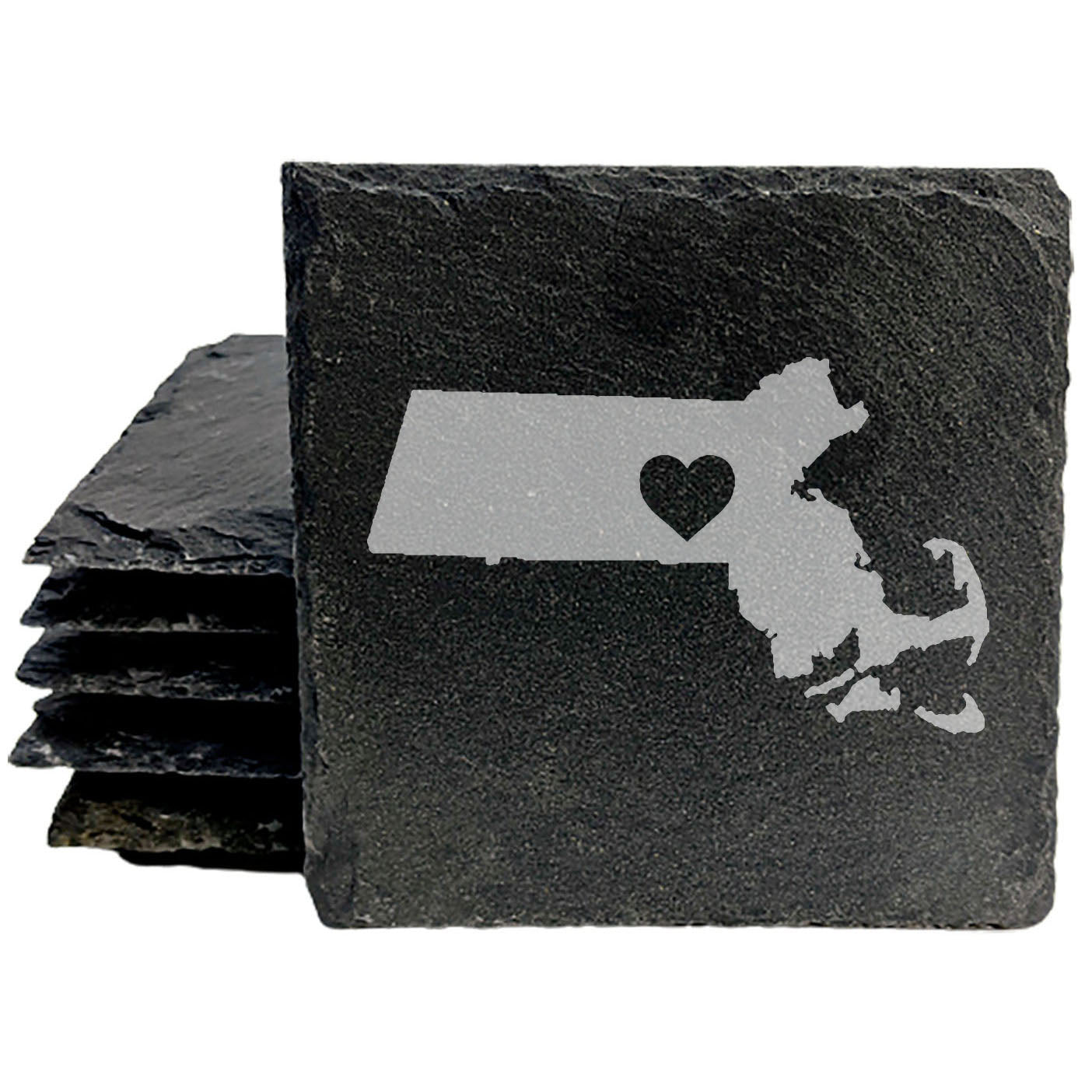 Rustic Slate Coasters Set of 4, Laser Etched Massachusetts Design, 4" Round, Natural Chipped Edge, Rubber Feet, Perfect Gift for Holidays, Birthdays, Housewarming, Made in Oregon, USA