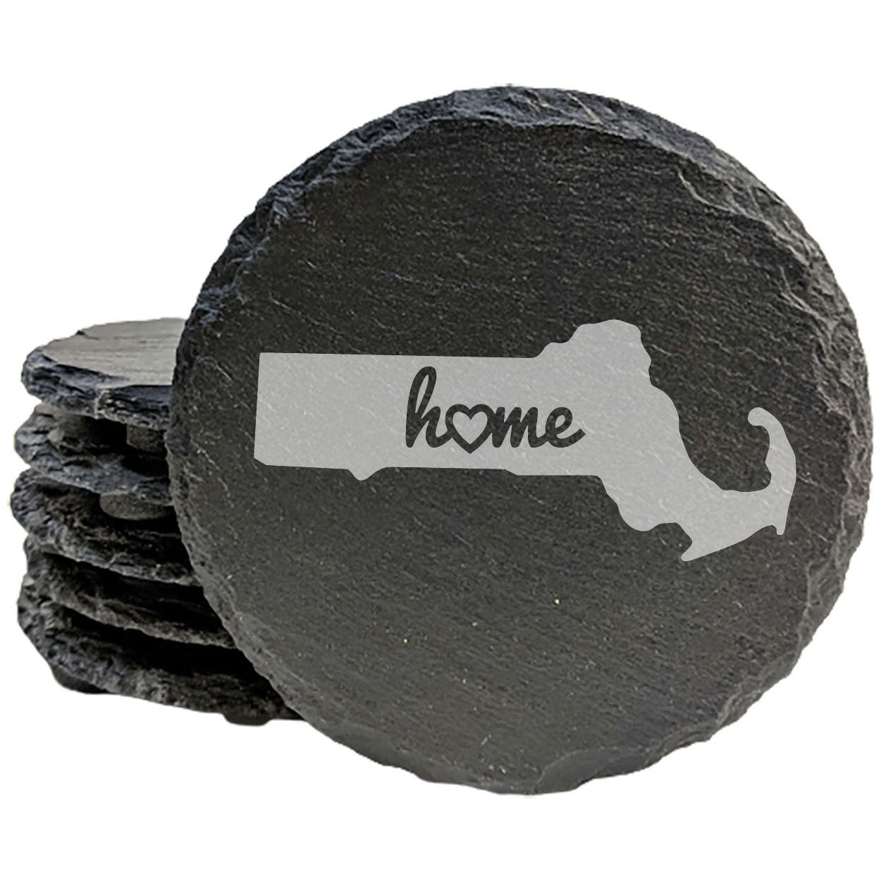 Rustic Slate Coasters Set of 4, Round 4" with Massachusetts 'Home' Heart Design, Perfect Gift for Holidays, Birthdays, Housewarming, She-Shed, Man Cave, Made in Oregon, USA, Natural Chipped Edge