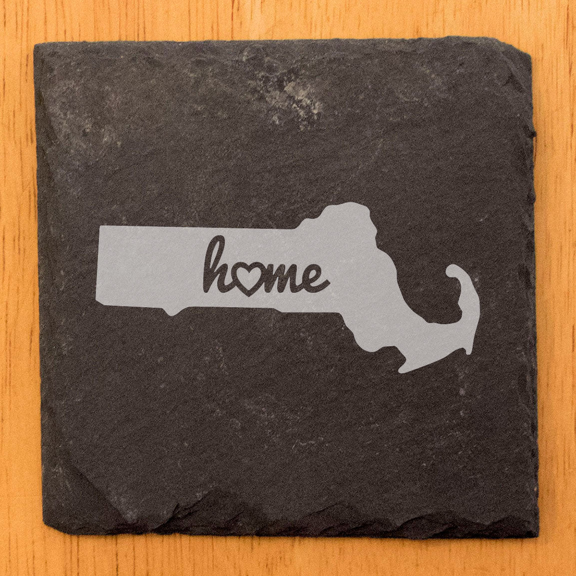 Rustic Slate Coasters Set of 4, Round 4" with Massachusetts 'Home' Heart Design, Perfect Gift for Holidays, Birthdays, Housewarming, She-Shed, Man Cave, Made in Oregon, USA, Natural Chipped Edge