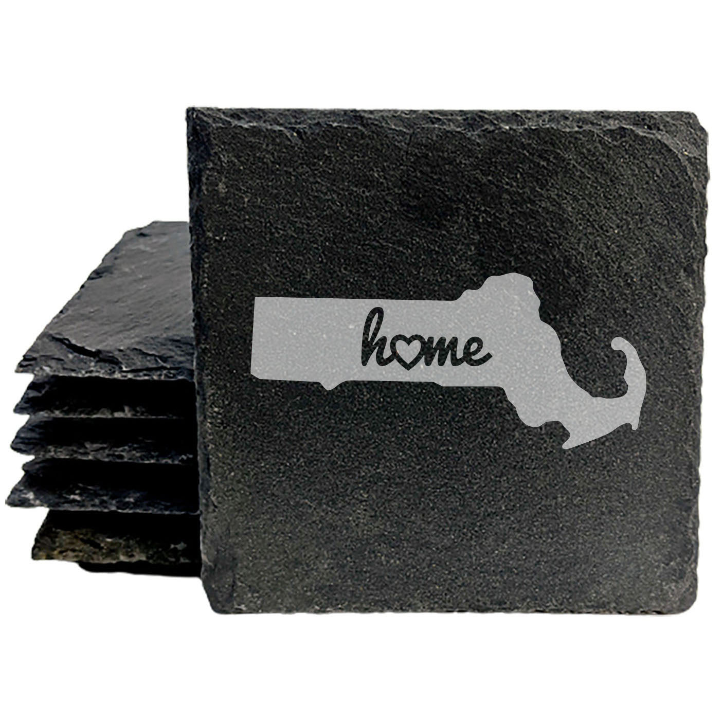 Rustic Slate Coasters Set of 4, Round 4" with Massachusetts 'Home' Heart Design, Perfect Gift for Holidays, Birthdays, Housewarming, She-Shed, Man Cave, Made in Oregon, USA, Natural Chipped Edge
