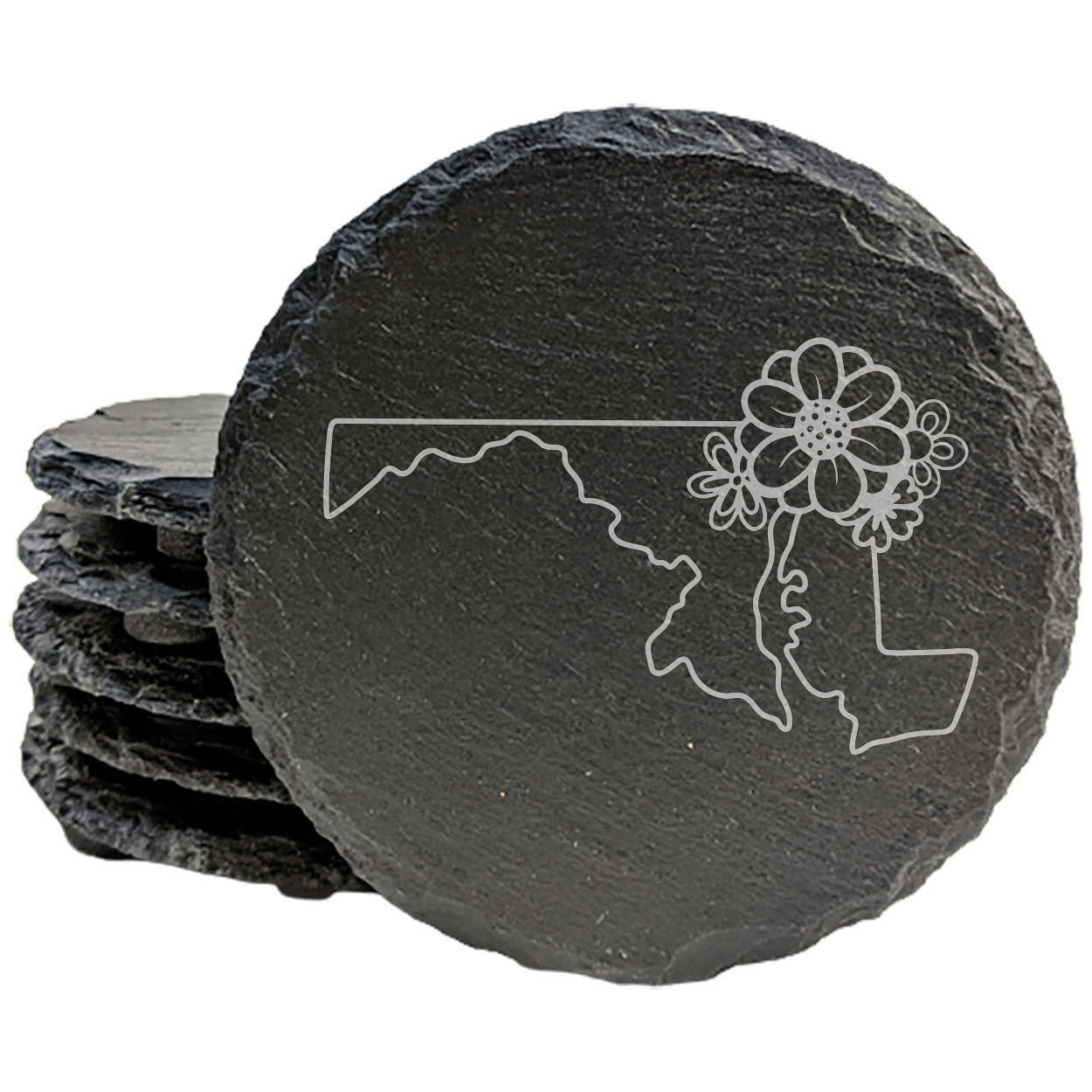 Rustic Slate Coasters Set of 4 - Maryland State Outline Design with Flower | Perfect Gift for Holidays, Birthdays, Housewarming | 4" Round or Square | Made in Oregon, USA | Natural Chipped Edge