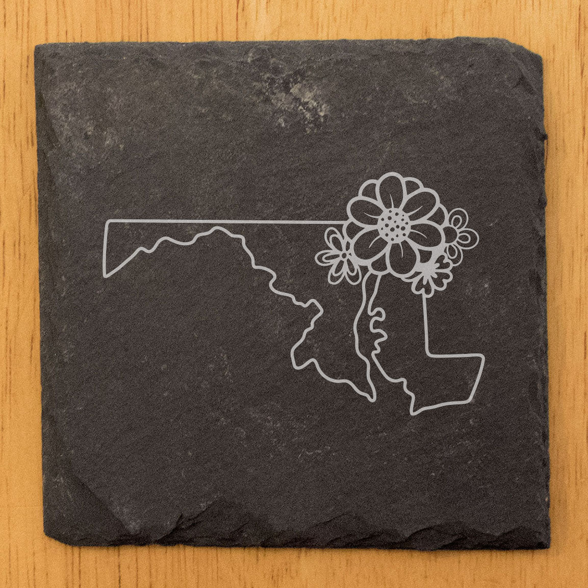 Rustic Slate Coasters Set of 4 - Maryland State Outline Design with Flower | Perfect Gift for Holidays, Birthdays, Housewarming | 4" Round or Square | Made in Oregon, USA | Natural Chipped Edge