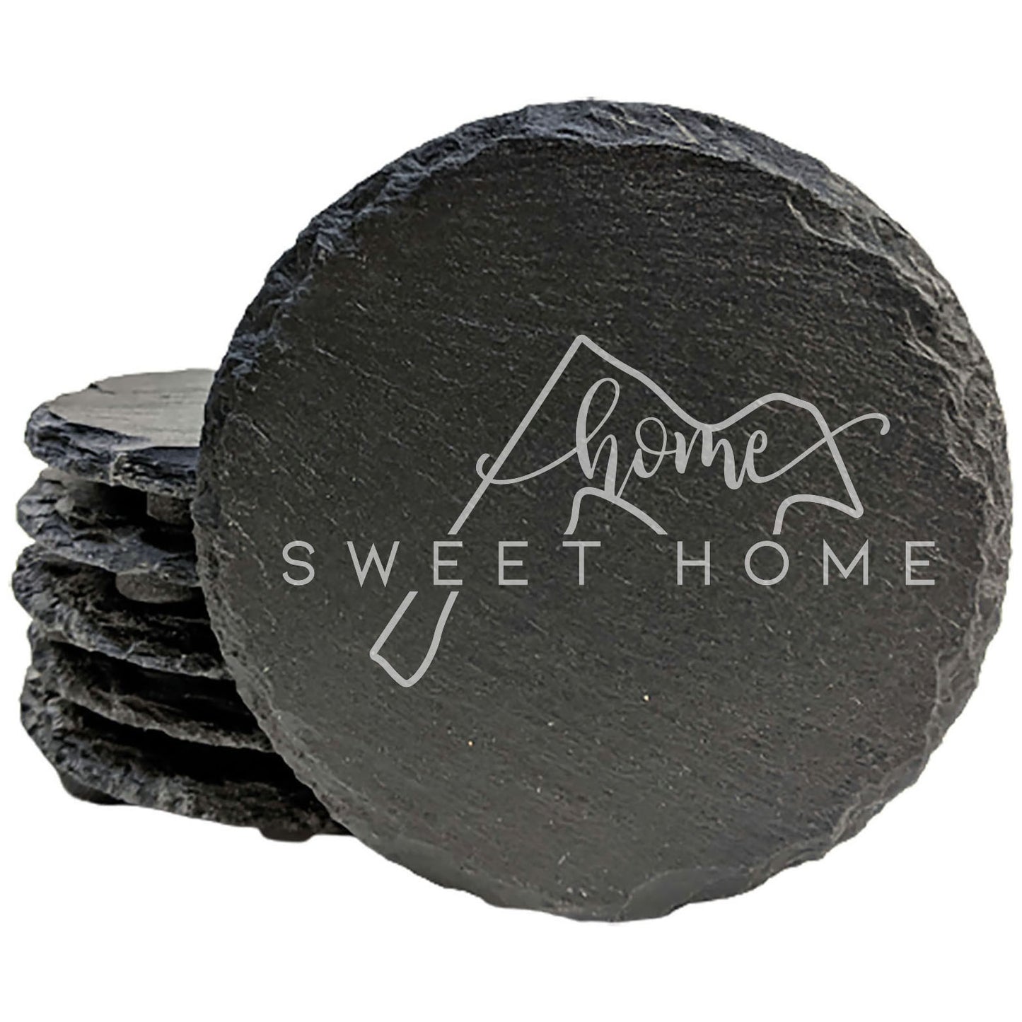 Rustic Slate Coasters Set of 4, Round 4" with Maryland 'Home Sweet Home' Design, Perfect Gift for Holidays, Birthdays, Housewarming, She-Shed, Man Cave, Made in Oregon, USA, Natural Chipped Edge