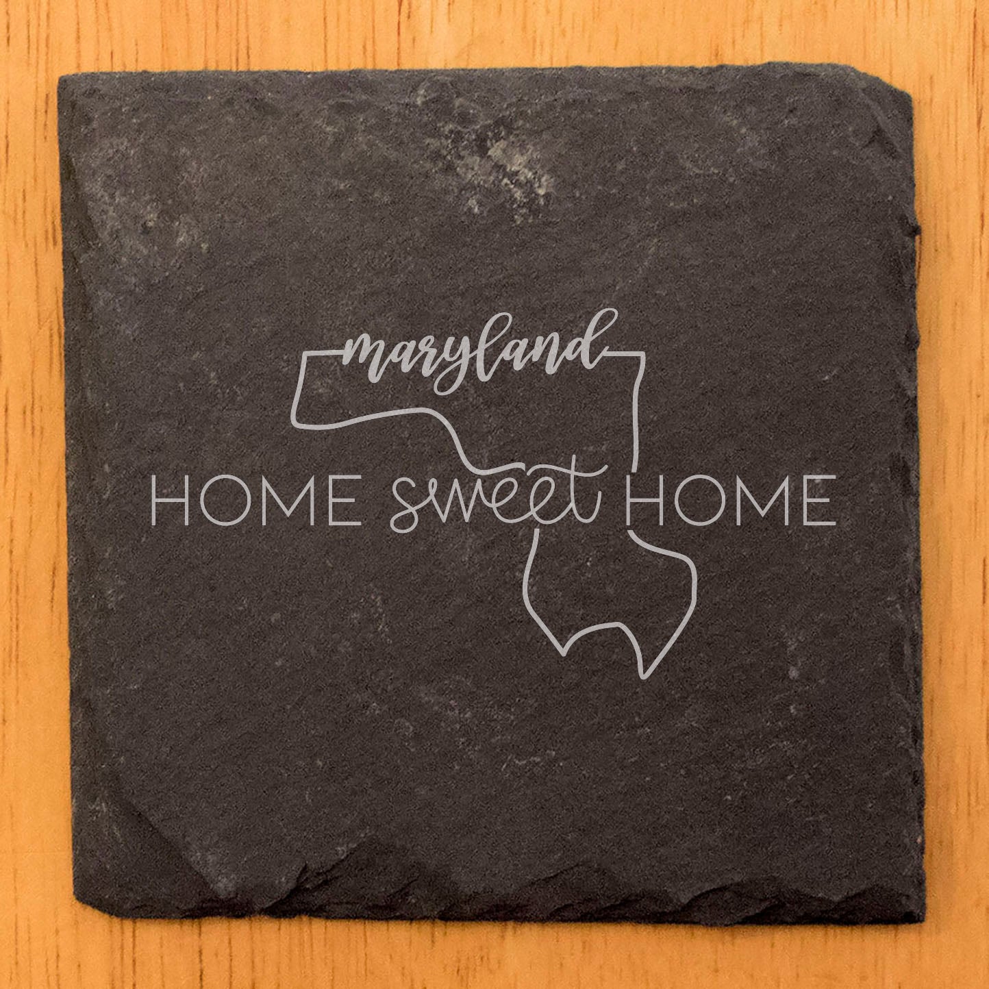 Rustic Slate Coasters Set of 4, Round 4" with Maryland 'Home Sweet Home' Design, Perfect Gift for Holidays, Birthdays, Housewarming, She-Shed, Man Cave, Made in Oregon, USA, Natural Chipped Edge