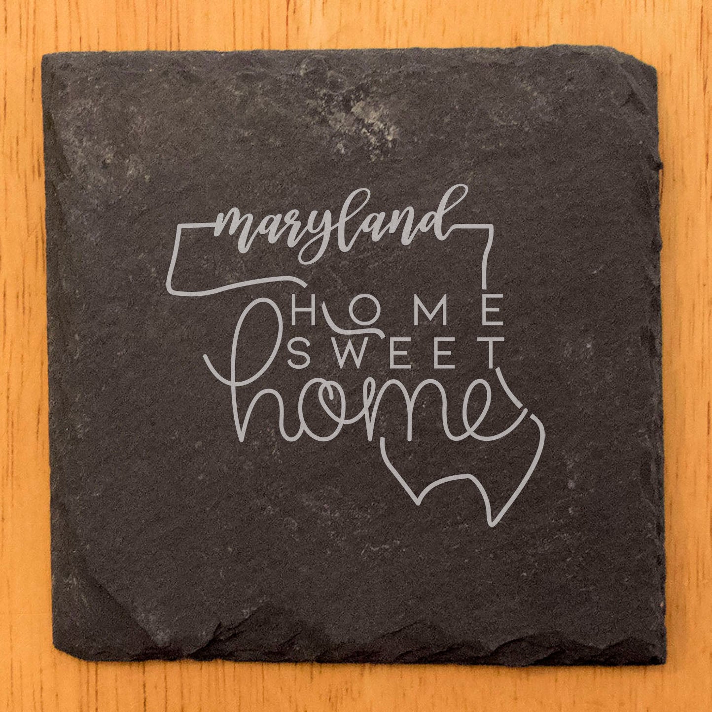 Rustic Slate Coasters Set of 4, Round 4" with Maryland 'Home Sweet Home' Design, Laser Etched, Perfect for Holidays, Birthdays, Housewarming Gifts, Made in Oregon, USA, Natural Chipped Edge