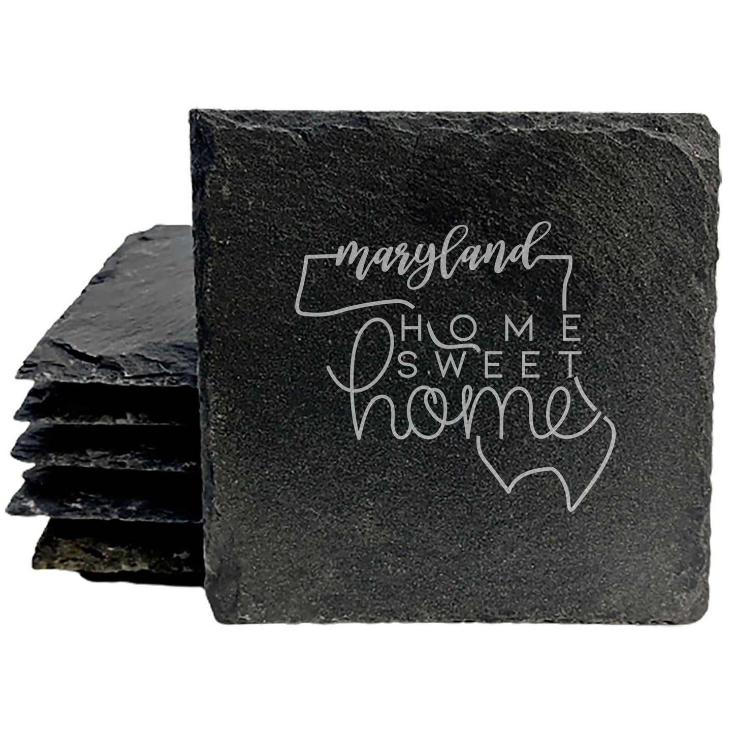 Rustic Slate Coasters Set of 4, Round 4" with Maryland 'Home Sweet Home' Design, Laser Etched, Perfect for Holidays, Birthdays, Housewarming Gifts, Made in Oregon, USA, Natural Chipped Edge