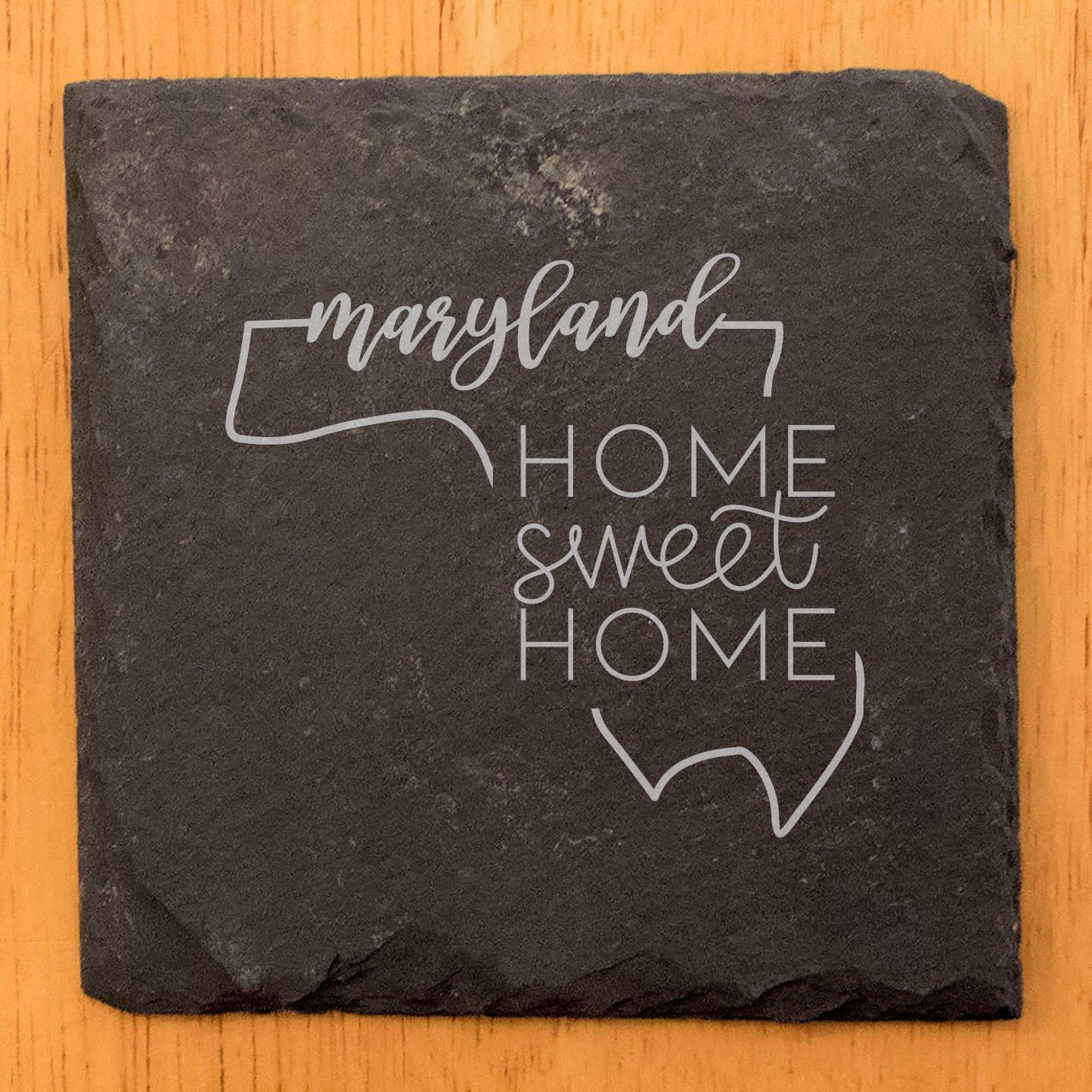 Rustic Slate Coasters Set of 4, Round 4" with Maryland 'Home Sweet Home' Design, Laser Etched, Perfect for Holidays, Birthdays, Housewarming Gifts, Made in Oregon, USA, Natural Chipped Edge