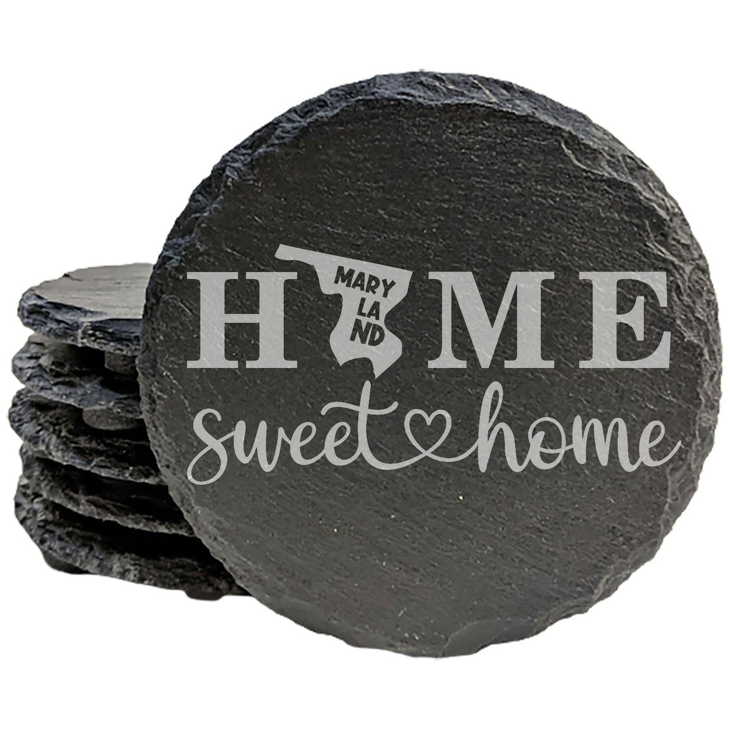 Rustic Slate Coasters Set of 4, Laser Etched 'HOME SWEET HOME' Maryland Design, 4" Round, Natural Chipped Edge, Rubber Feet, , Perfect for Holidays, Birthdays, Housewarming, USA Made