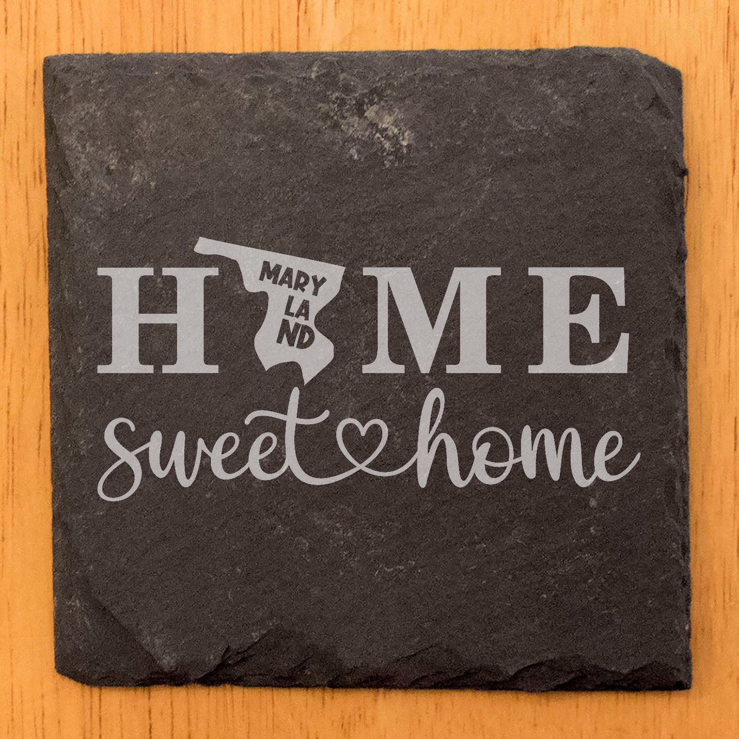 Rustic Slate Coasters Set of 4, Laser Etched 'HOME SWEET HOME' Maryland Design, 4" Round, Natural Chipped Edge, Rubber Feet, , Perfect for Holidays, Birthdays, Housewarming, USA Made