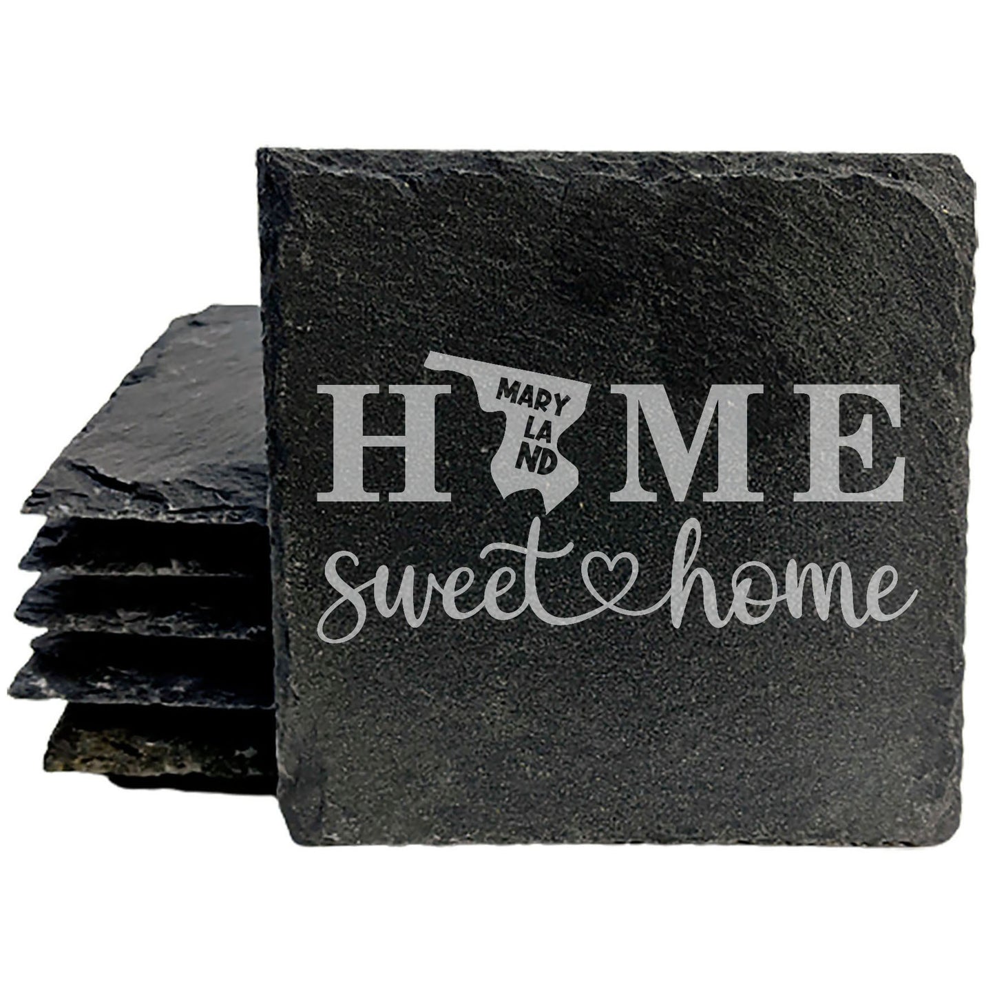 Rustic Slate Coasters Set of 4, Laser Etched 'HOME SWEET HOME' Maryland Design, 4" Round, Natural Chipped Edge, Rubber Feet, , Perfect for Holidays, Birthdays, Housewarming, USA Made