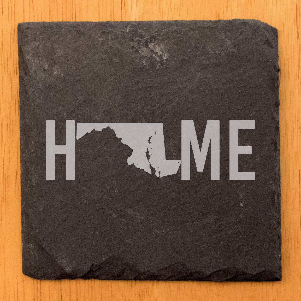 Rustic Slate Coasters Set of 4, Laser Etched 'HOME' Design with Maryland State, 4" Round, Natural Chipped Edge, Rubber Feet, , Perfect for Holidays, Birthdays, Housewarming, USA Made