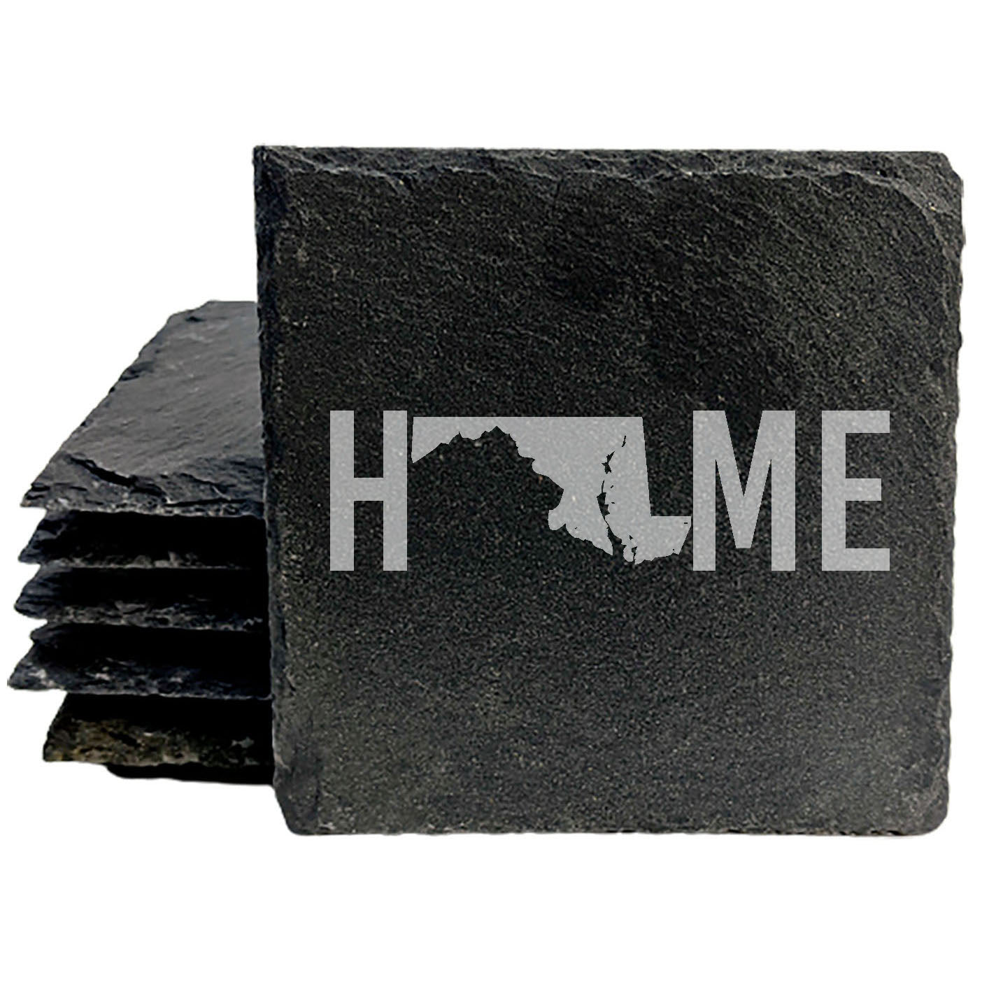Rustic Slate Coasters Set of 4, Laser Etched 'HOME' Design with Maryland State, 4" Round, Natural Chipped Edge, Rubber Feet, , Perfect for Holidays, Birthdays, Housewarming, USA Made