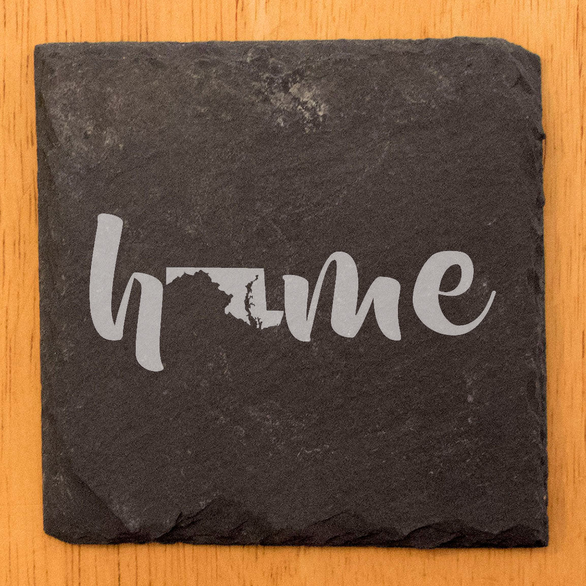 Rustic Slate Coasters Set of 4 - Laser Etched 'Home' Design with Maryland State - Perfect Gift for Holidays, Birthdays, Housewarming - 4" Round/Square - Made in Oregon, USA - Natural Chipped Edge