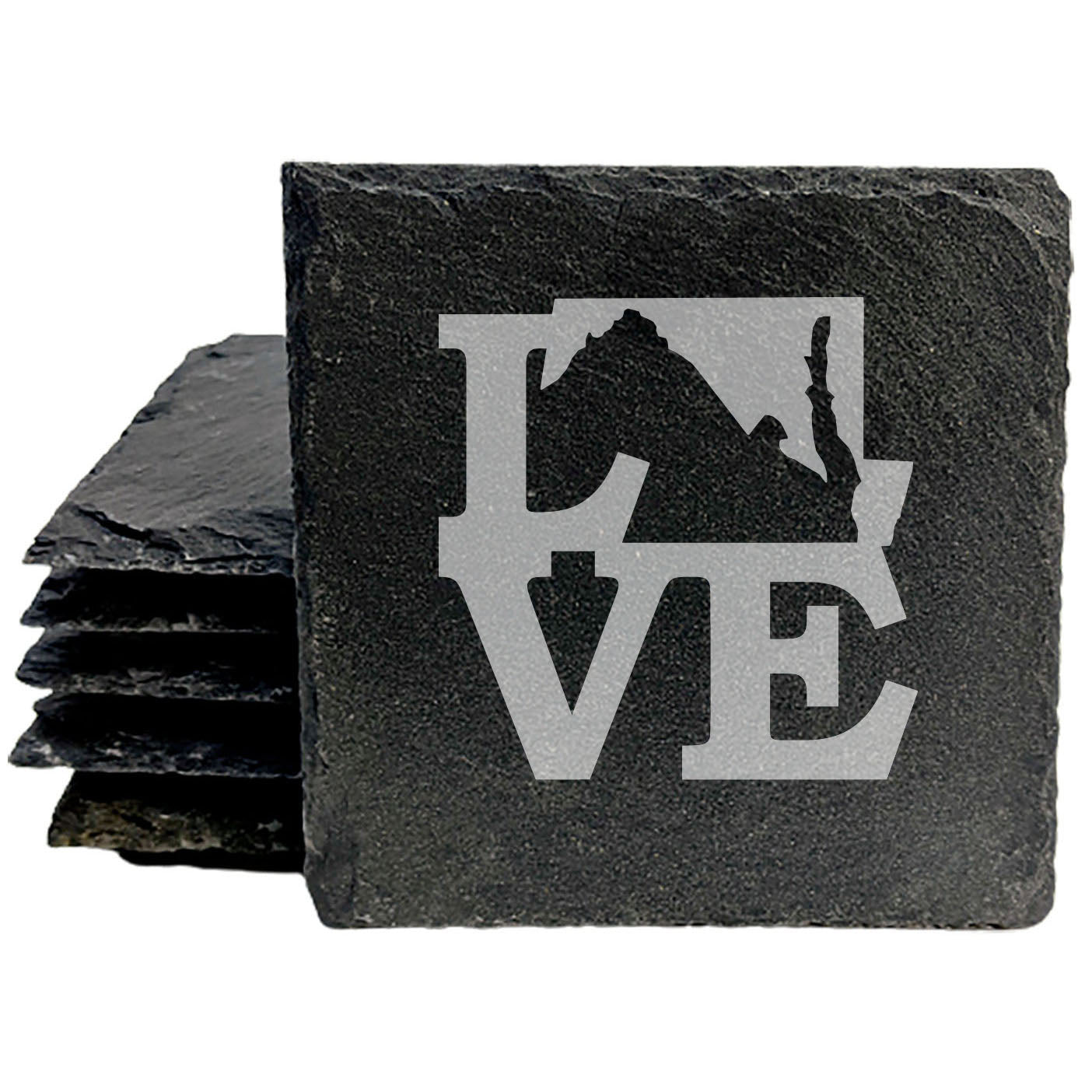 Rustic Slate Coasters Set of 4, Laser Etched 'LOVE' Design with Maryland State, 4" Round, Natural Chipped Edge, Rubber Feet, Perfect Gift for Holidays, Birthdays, Housewarming, Made in USA