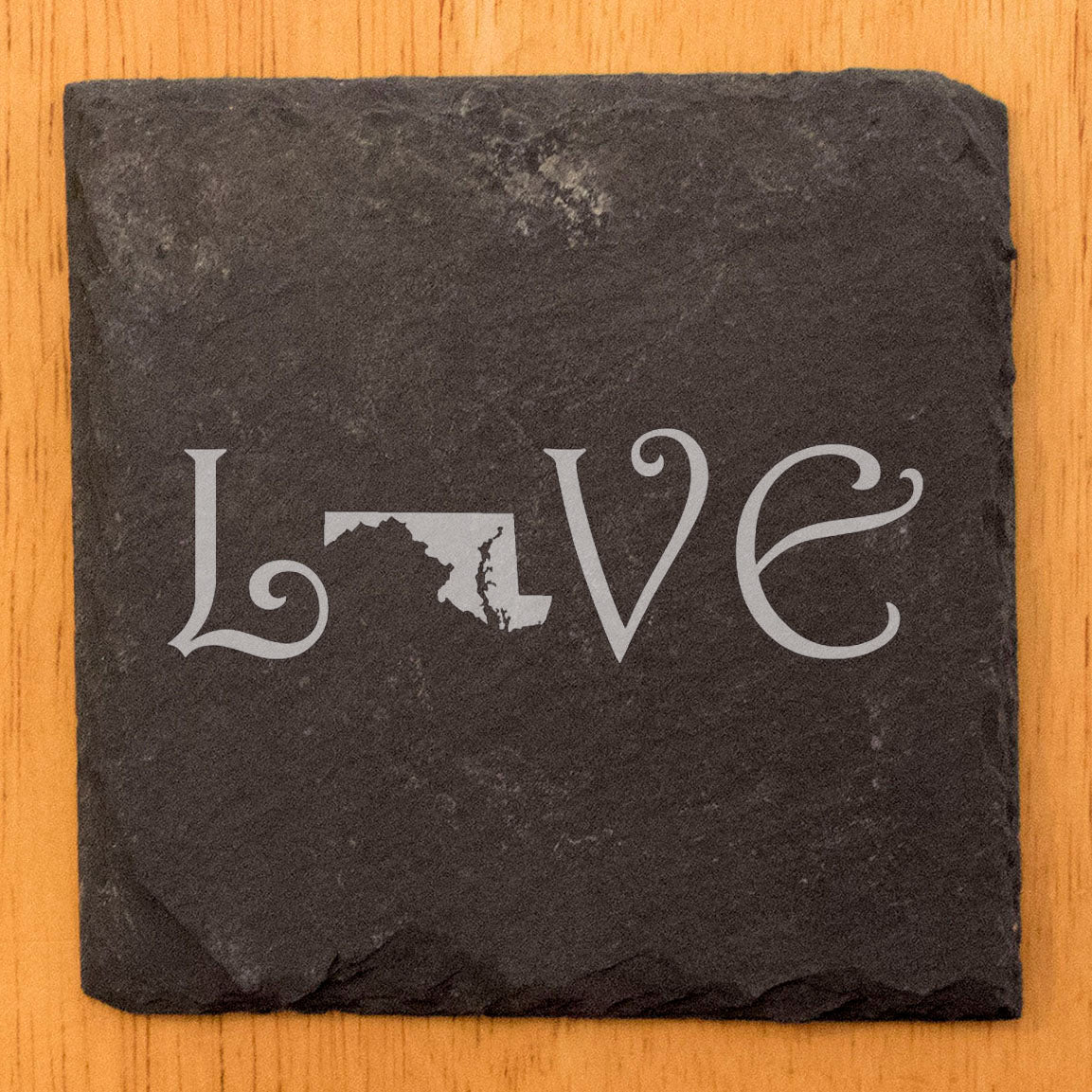 Rustic Slate Coasters Set of 4, Square 4" with 'LOVE' Maryland Design, Laser Etched, Natural Chipped Edge, Rubber Feet, , Perfect for Holidays, Birthdays, Housewarming, USA Made