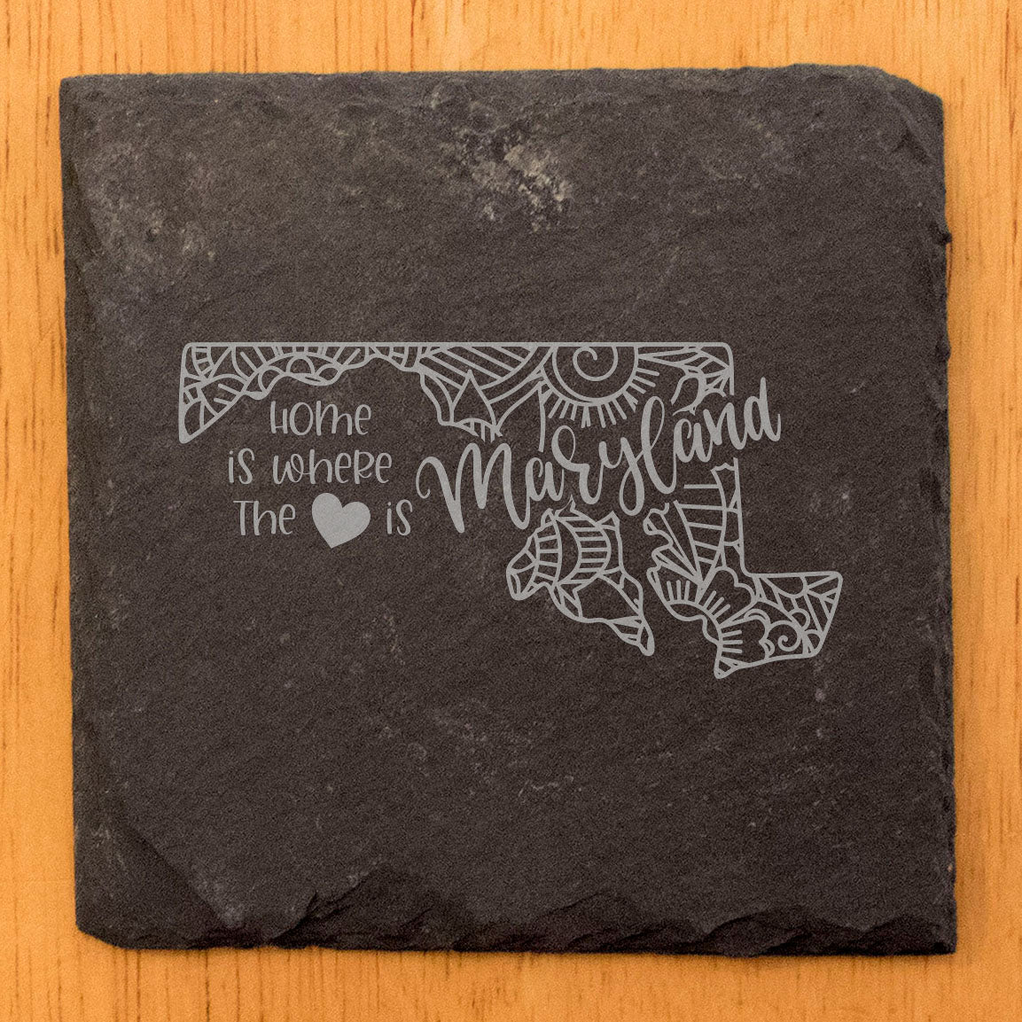 Rustic Slate Coasters Set of 4, Round 4" with Maryland Mandala Design, 'Home is Where the Heart Is' Quote, Perfect for Gifts, She-Shed, Man Cave, Made in Oregon, USA, Natural Chipped Edge