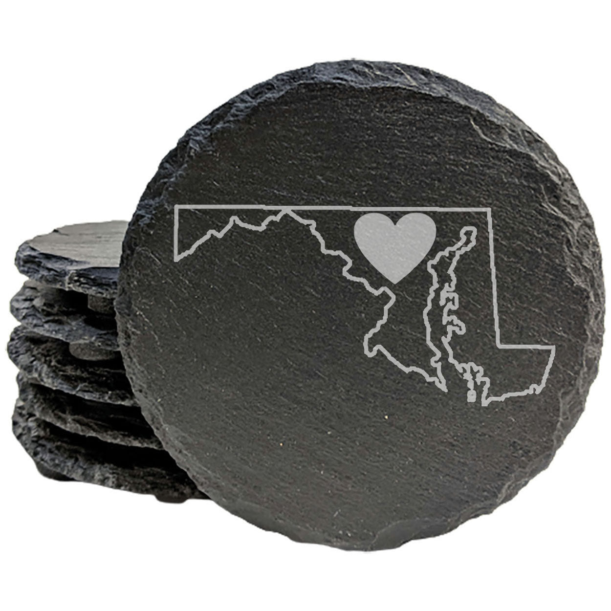 Rustic Slate Coasters Set of 4, Round 4" with Maryland Heart Design, Laser Etched, Perfect for Holidays, Birthdays, Housewarming Gifts, She-Shed, Man Cave, Made in Oregon, USA, Natural Edge