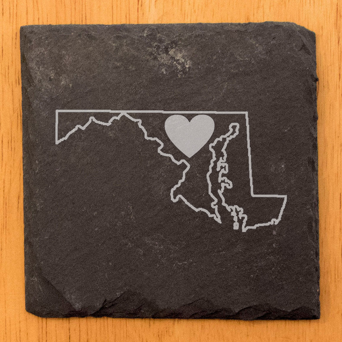 Rustic Slate Coasters Set of 4, Round 4" with Maryland Heart Design, Laser Etched, Perfect for Holidays, Birthdays, Housewarming Gifts, She-Shed, Man Cave, Made in Oregon, USA, Natural Edge