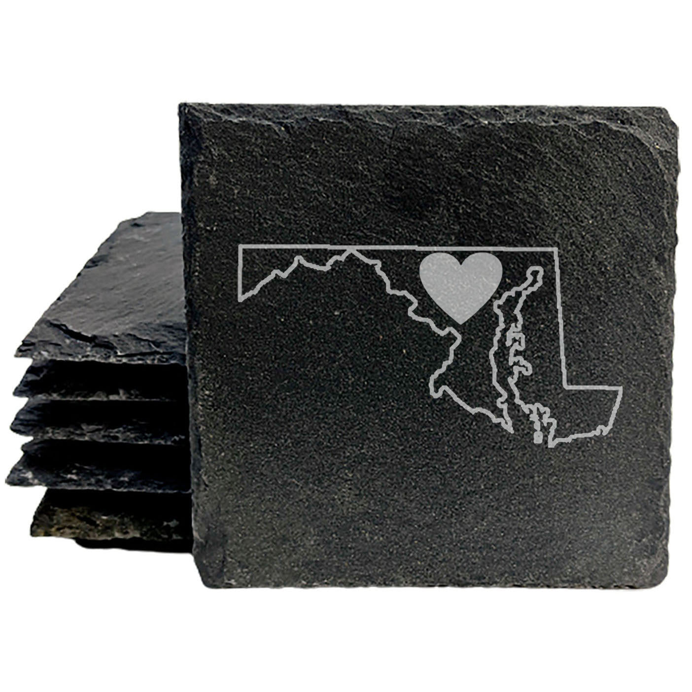 Rustic Slate Coasters Set of 4, Round 4" with Maryland Heart Design, Laser Etched, Perfect for Holidays, Birthdays, Housewarming Gifts, She-Shed, Man Cave, Made in Oregon, USA, Natural Edge
