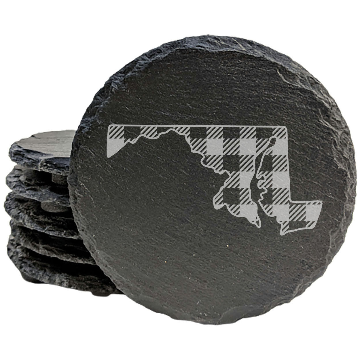 Rustic Slate Coasters Set of 4, Round 4" with Maryland Plaid Design, Laser Etched, Natural Chipped Edge, Rubber Feet, , Perfect for Holidays, Birthdays, Housewarming, Made in USA