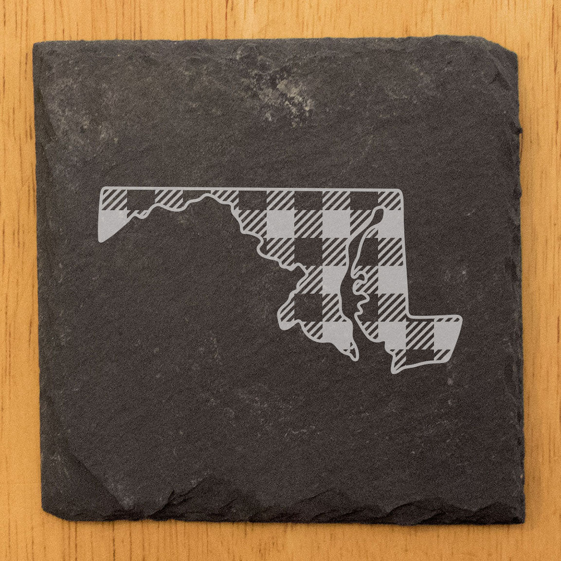 Rustic Slate Coasters Set of 4, Round 4" with Maryland Plaid Design, Laser Etched, Natural Chipped Edge, Rubber Feet, , Perfect for Holidays, Birthdays, Housewarming, Made in USA