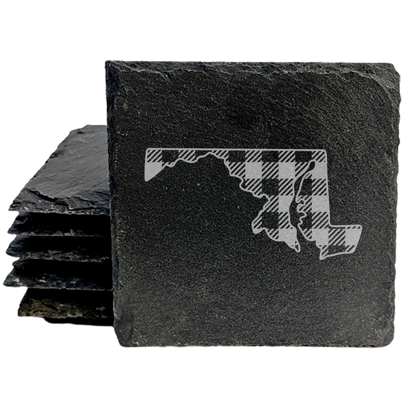 Rustic Slate Coasters Set of 4, Round 4" with Maryland Plaid Design, Laser Etched, Natural Chipped Edge, Rubber Feet, , Perfect for Holidays, Birthdays, Housewarming, Made in USA