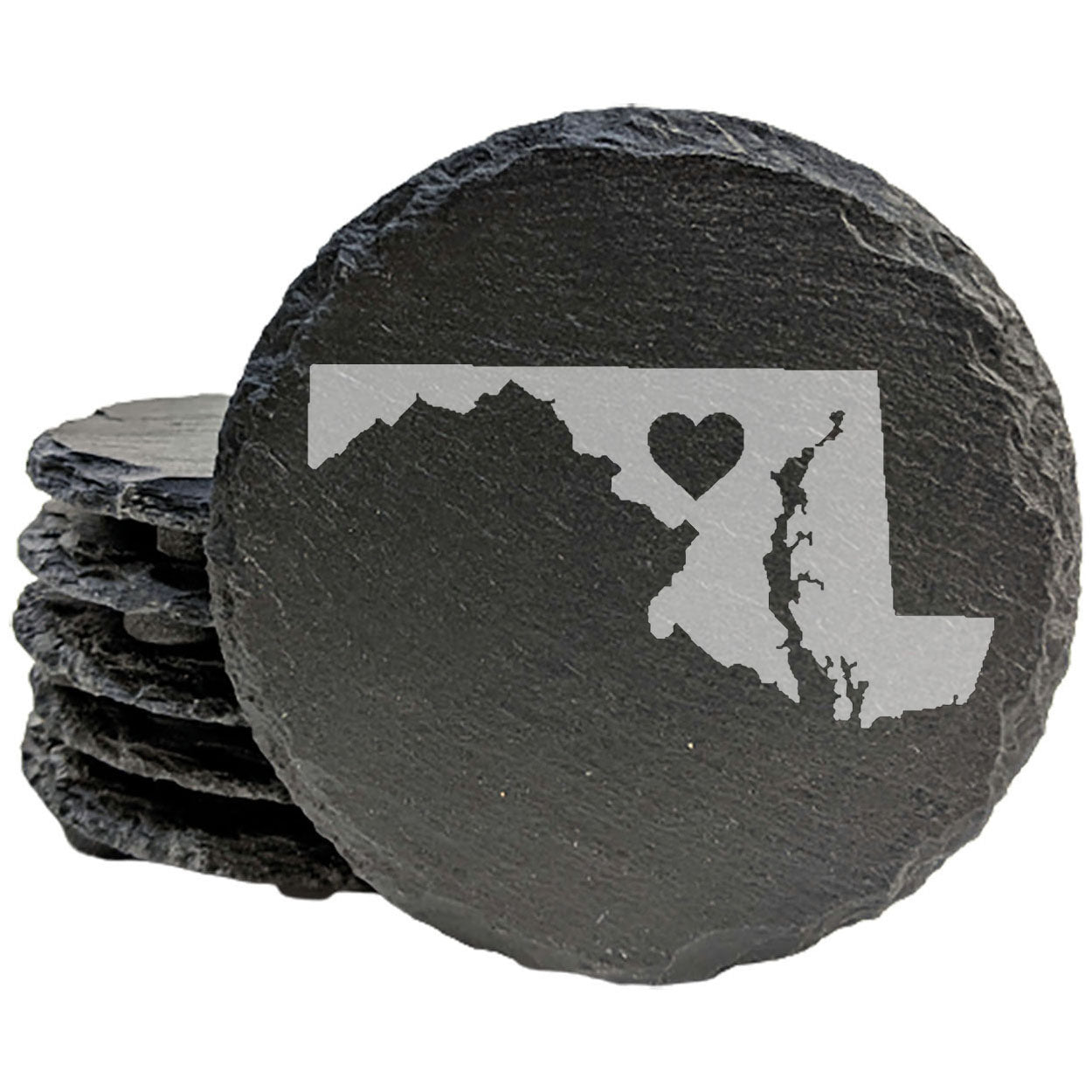 Rustic Slate Coasters Set of 4, Round 4" with Maryland Heart Design, Laser Etched, Natural Chipped Edge, Rubber Feet, , Perfect for Holidays, Birthdays, Housewarming, Made in USA