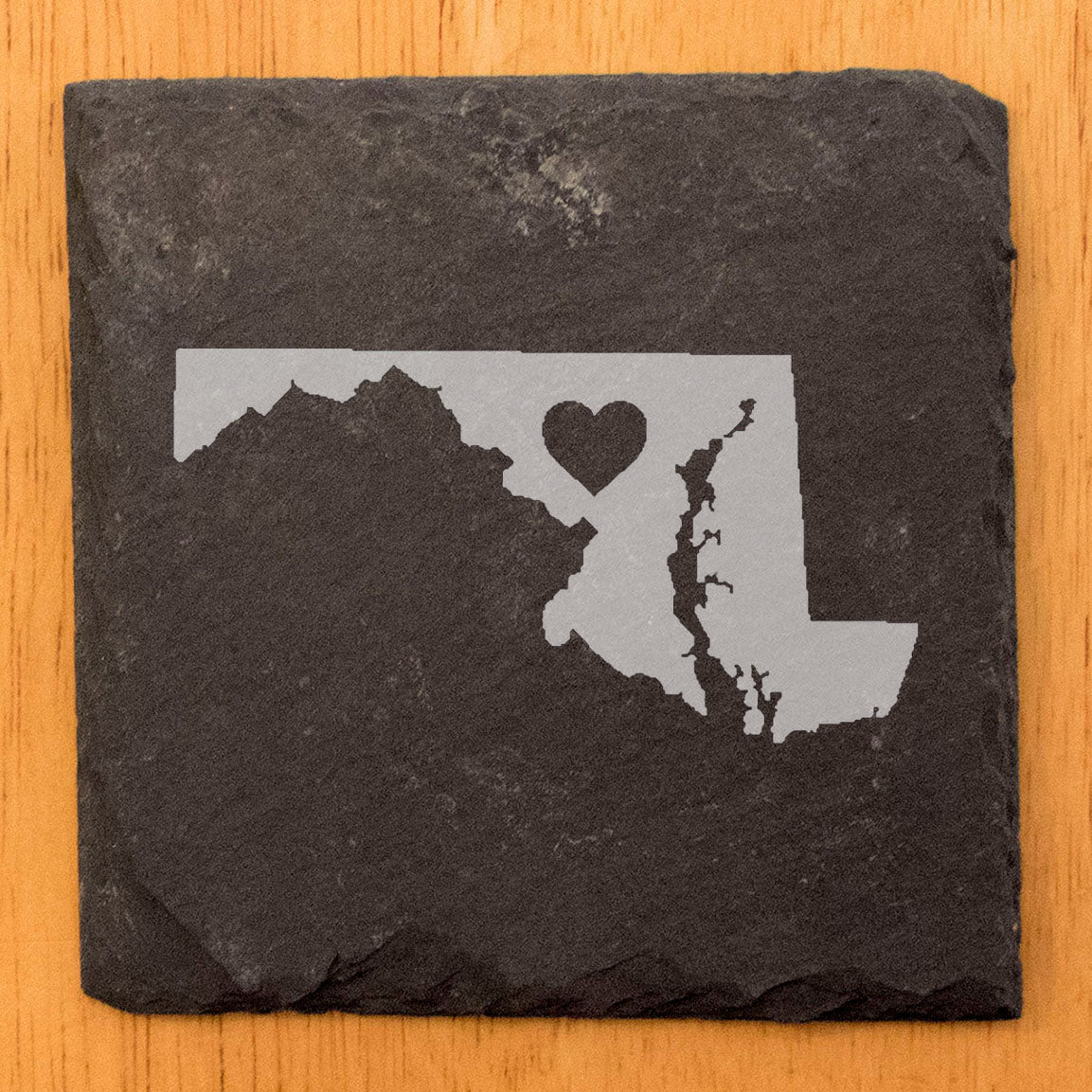 Rustic Slate Coasters Set of 4, Round 4" with Maryland Heart Design, Laser Etched, Natural Chipped Edge, Rubber Feet, , Perfect for Holidays, Birthdays, Housewarming, Made in USA