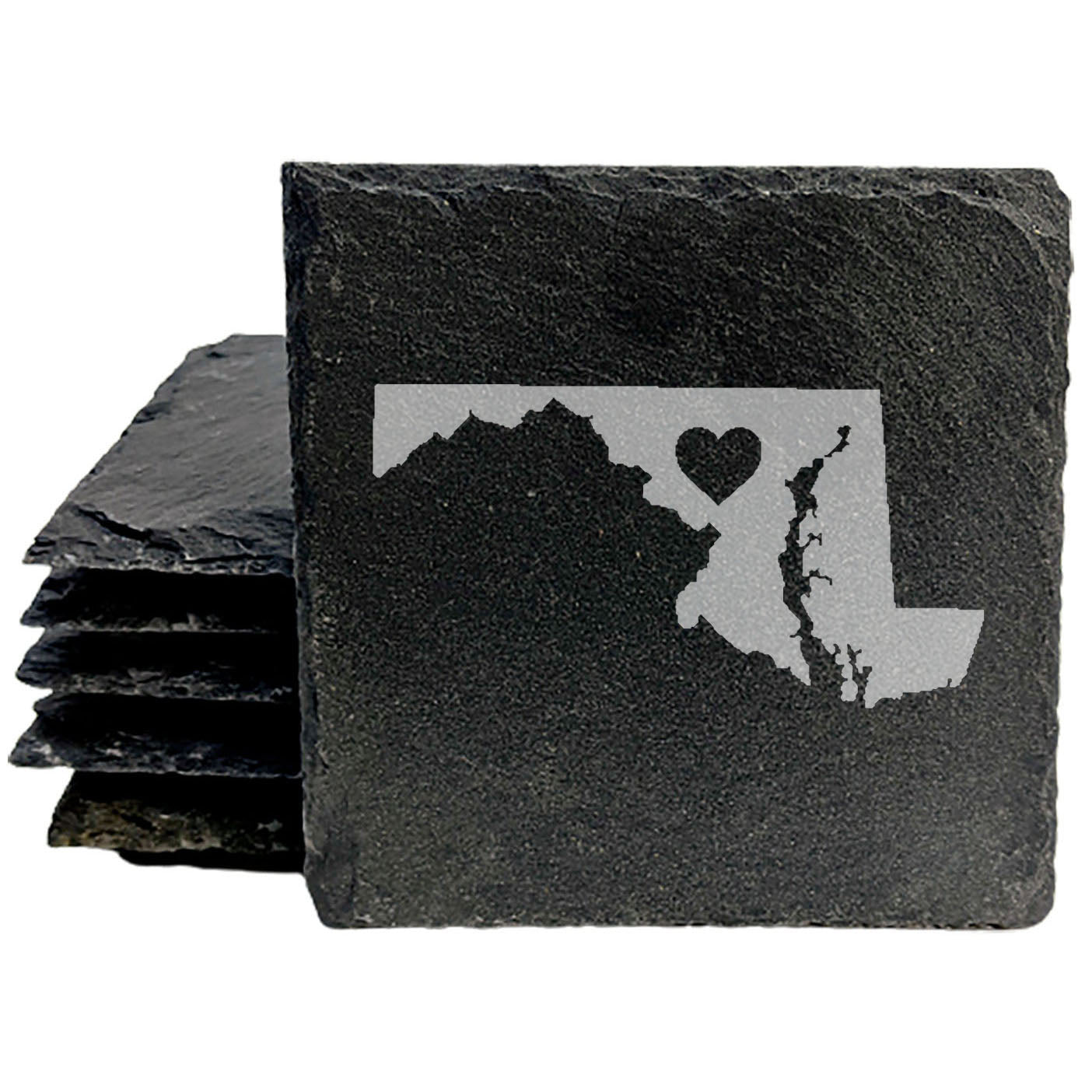 Rustic Slate Coasters Set of 4, Round 4" with Maryland Heart Design, Laser Etched, Natural Chipped Edge, Rubber Feet, , Perfect for Holidays, Birthdays, Housewarming, Made in USA
